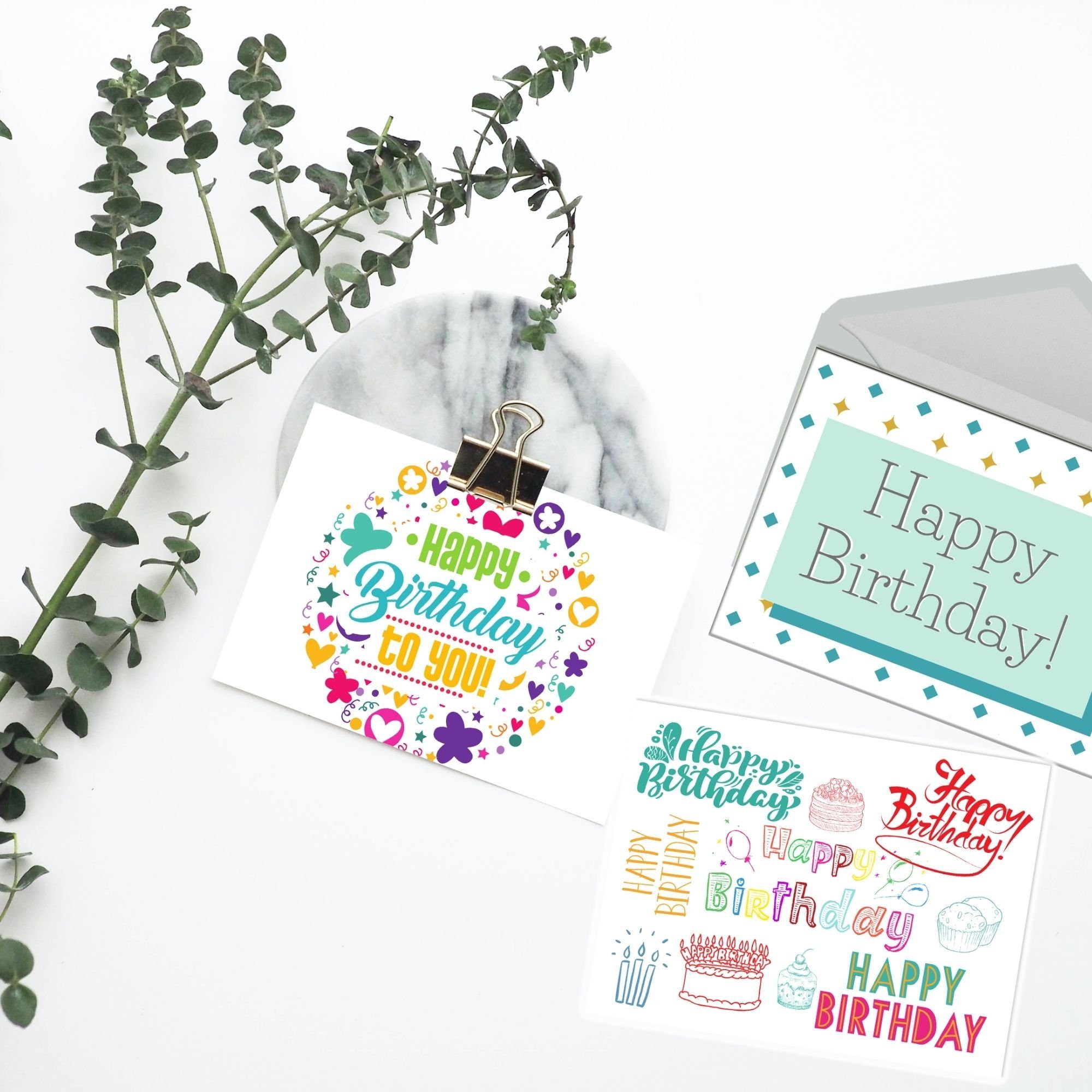 Grußkarten Happy Kraftpapier Geburtstag Karten Geburtstagskarten Set, mit Birthday 24er zum Geburtstagskarte Umschlag, Set Domelo 24er Postkarten,