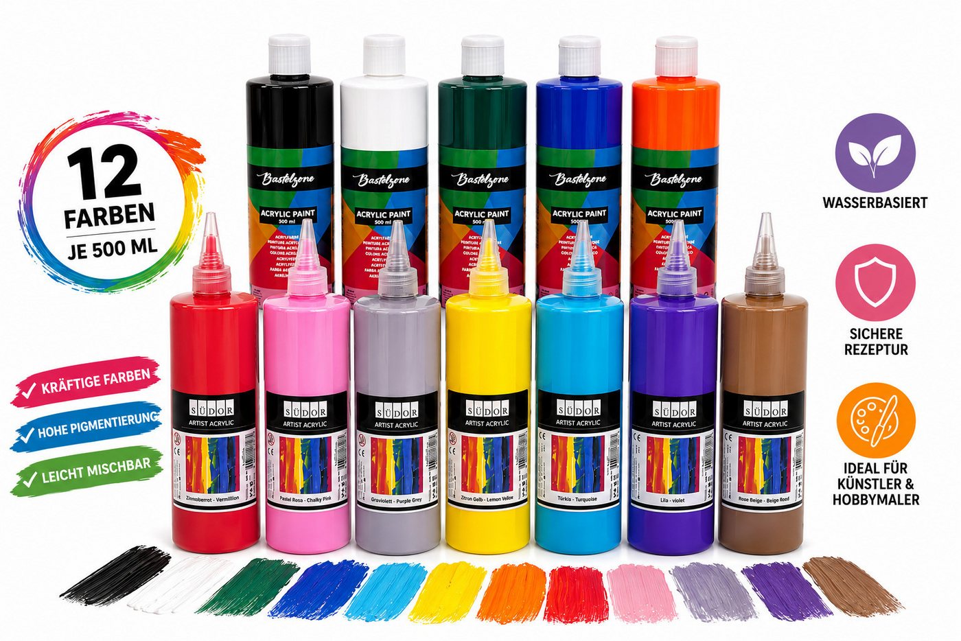 Greenpoint Acrylfarbe Acrylfarben-Set 6/12/24 x500 ml Hoch deckend, matt, für Pouring & mehr, Hochpigmentiert, wasserfest, schnelltrocknend, matt, mischbar