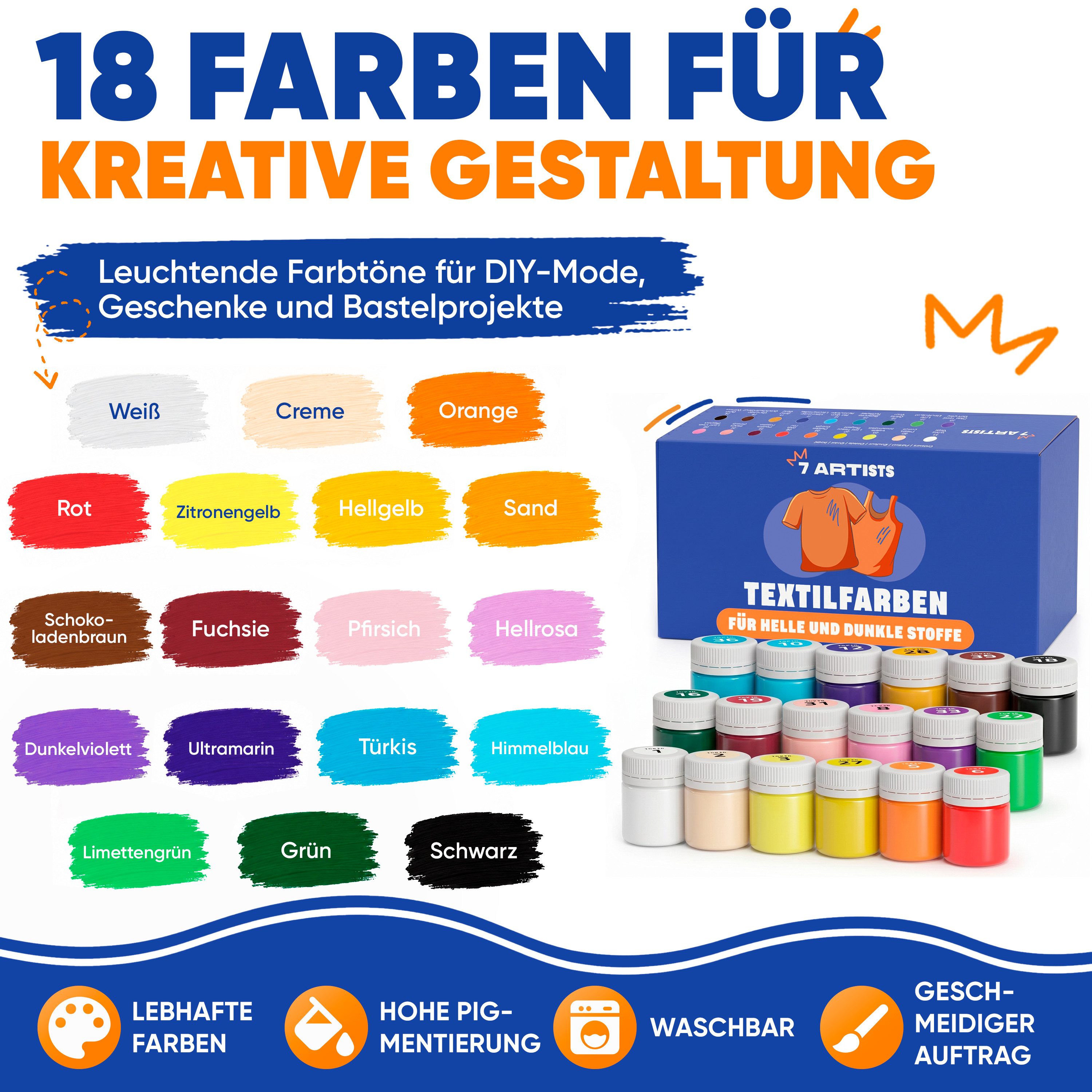 7 Artists Textilfarbe Textilfarbe Waschmaschinenfest Set - Stoffmalfarben Waschfest, für helle und dunkle Textilien