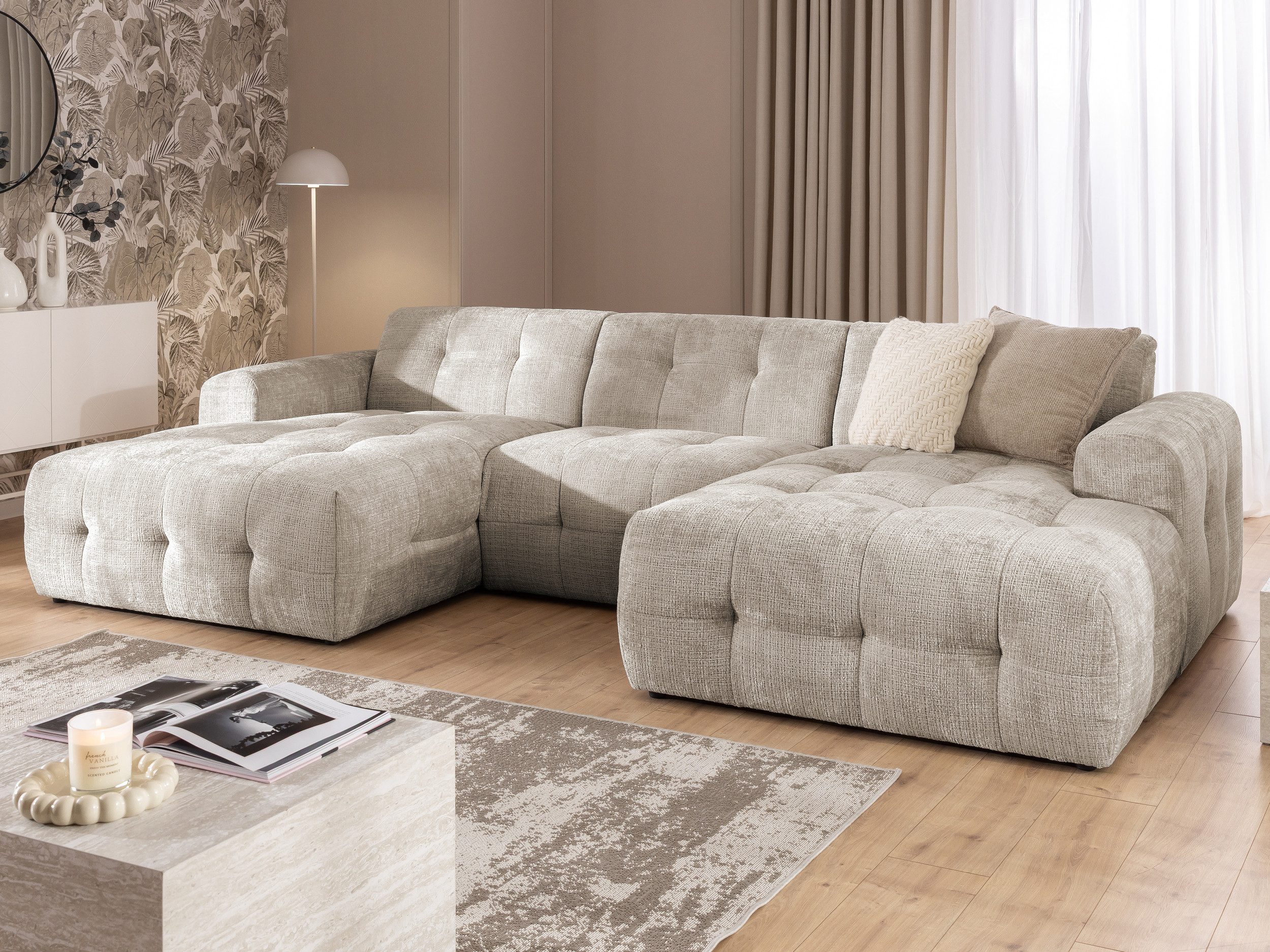 S-Style Möbel Wohnlandschaft Kozy im Bumpy-Design mit fester Rückenlehne aus weichem Chenille-Stoff, mit Wellenfederung