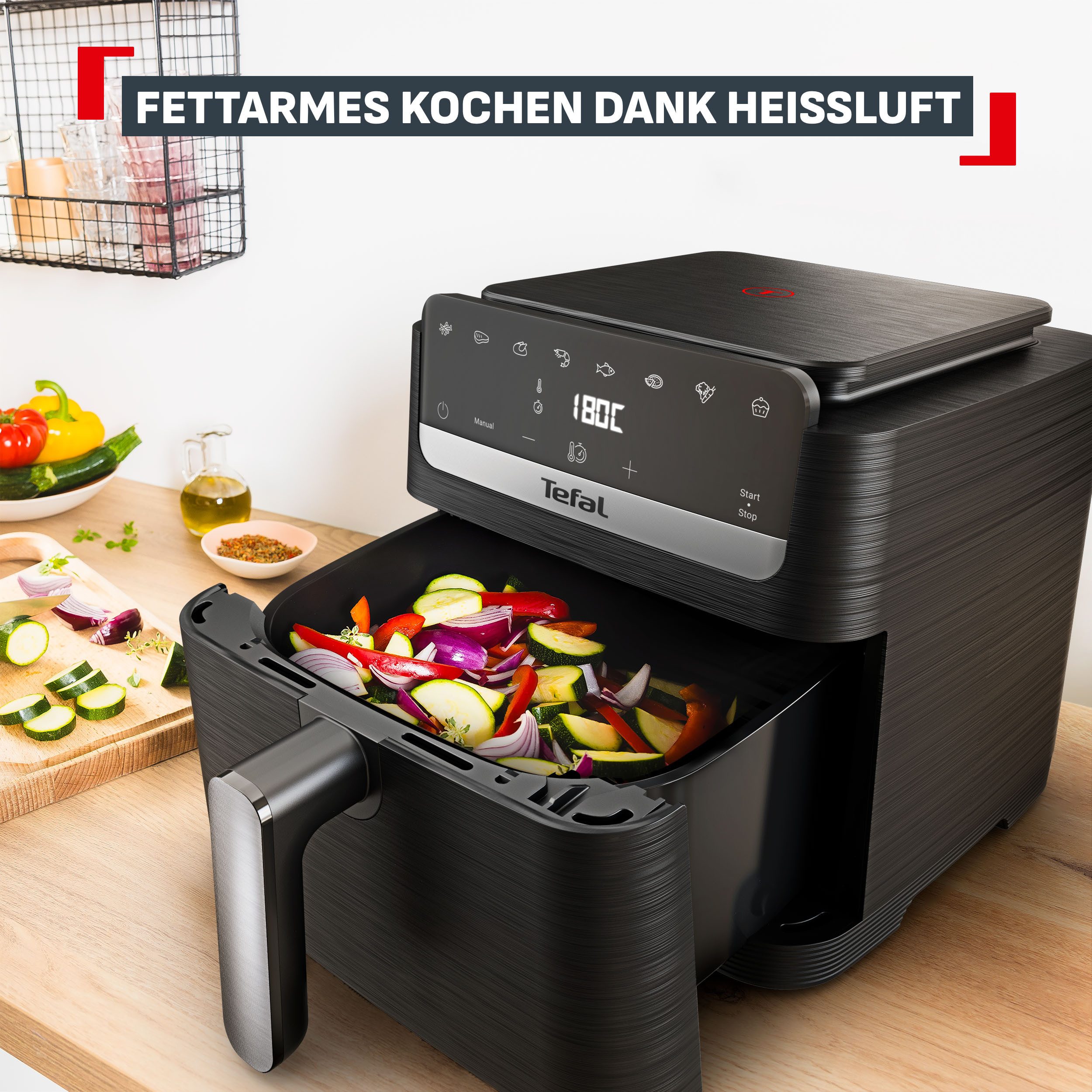 Tefal Heißluftfritteuse EY8618 Easy Fry Mega Compact, platzsparendes Design, 7,5 L, 8 Portionen, intuitiver Touchscreen