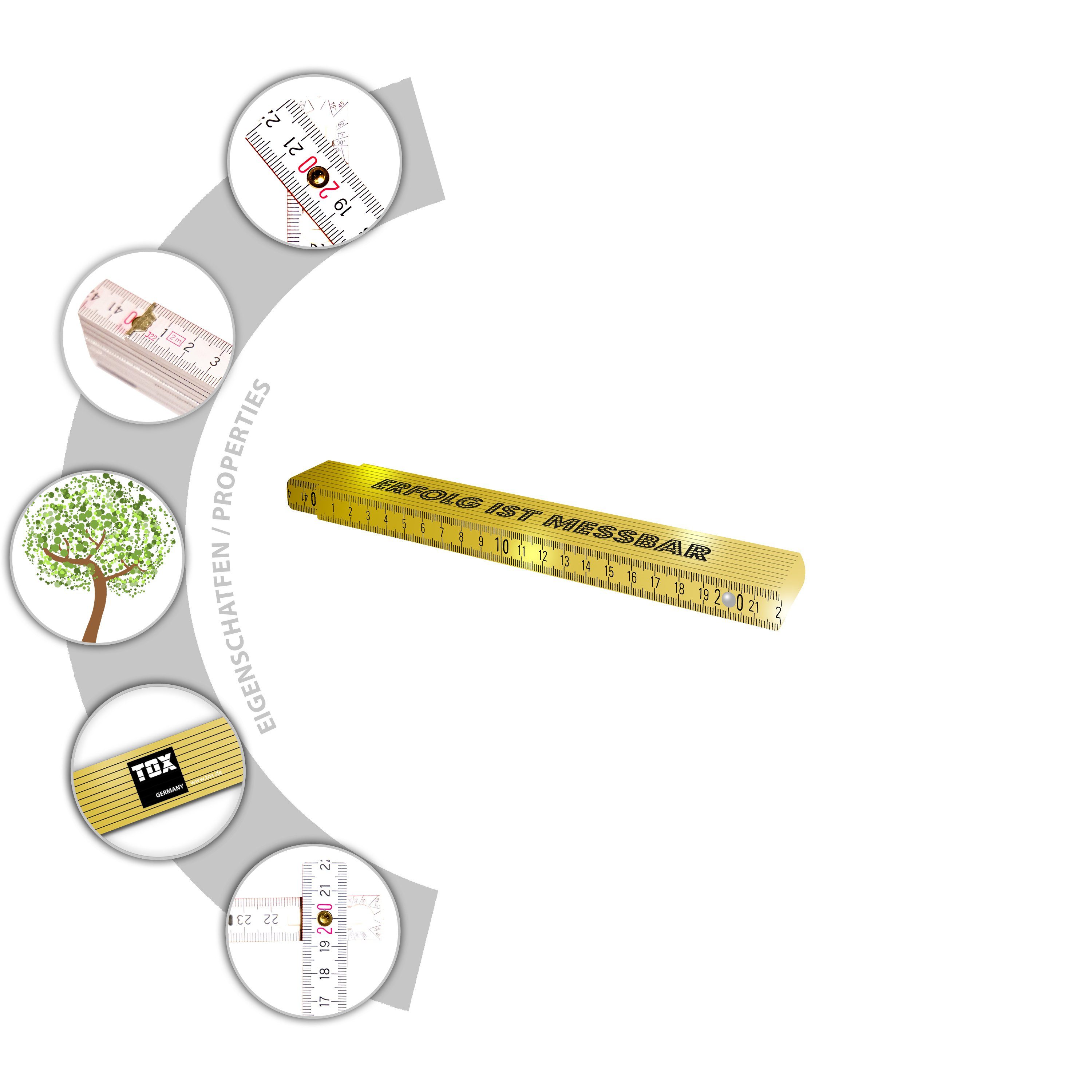 und Sprüchen Beschriftung, TOX-DÜBEL-TECHNIK MESSBAR" mit meter, Meterstab Zollstock "ERFOLG farbenfroh 2 (gelb) verschiedenen verschiedenen Farben in IST cooler mit
