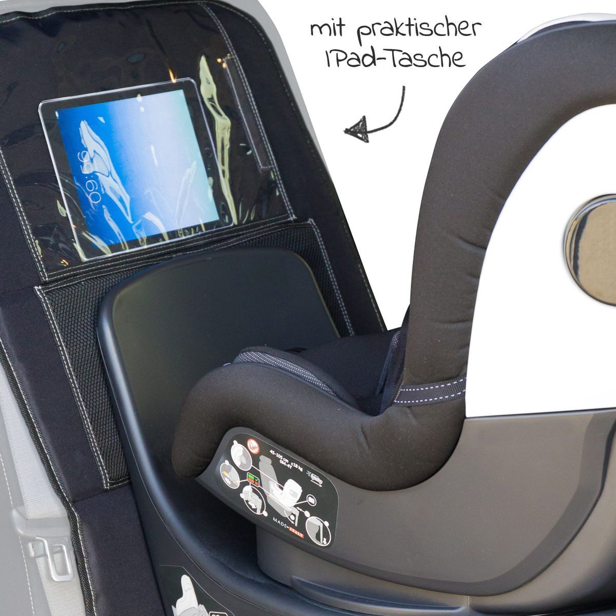 Fillikid Kindersitzbezug Schwarz, Autositz Schutzunterlage Unterlage für Reboarder mit IPad-Tasche