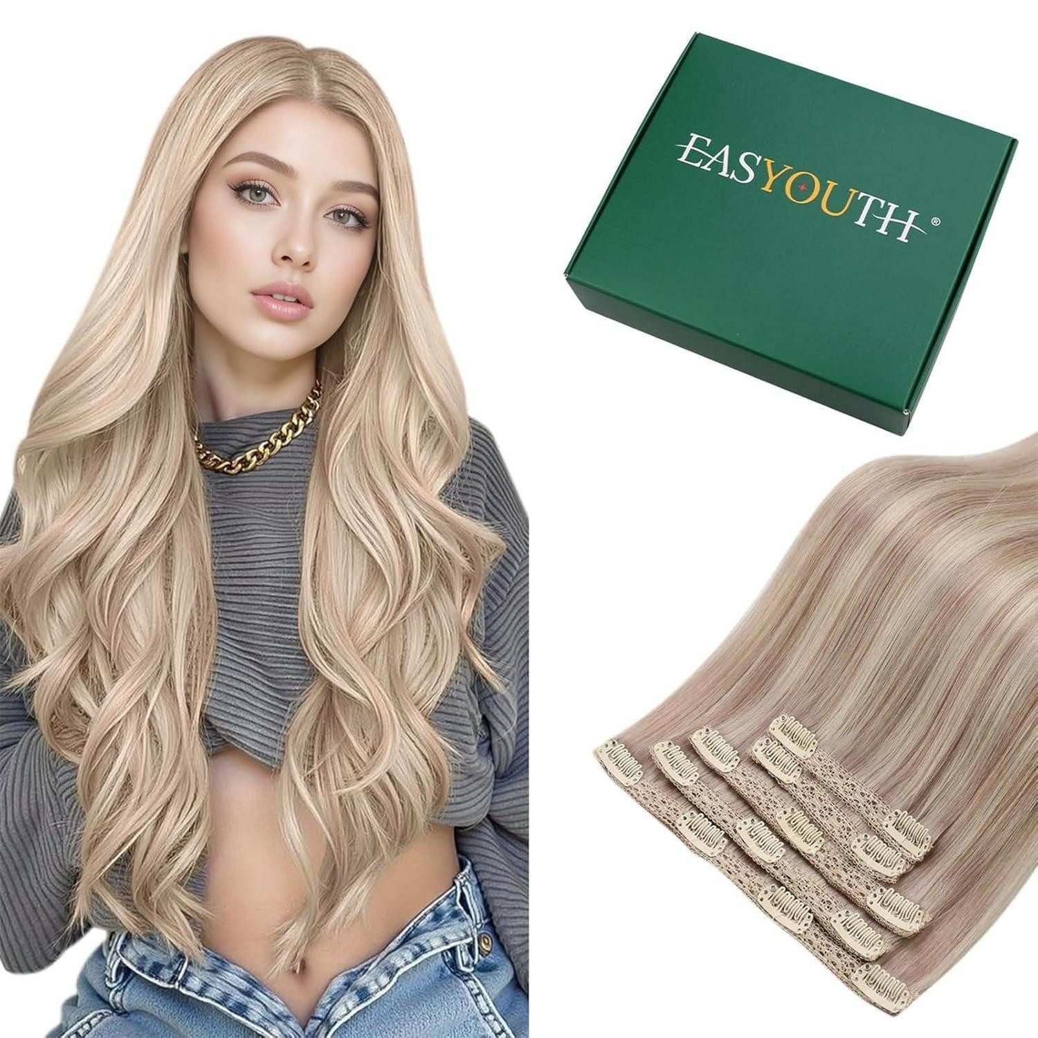 LuxusKollektion Echthaar-Extension Clip in Extensions Echthaar Remy Blond 55cm 5pcs 1-14 cp #p18 613