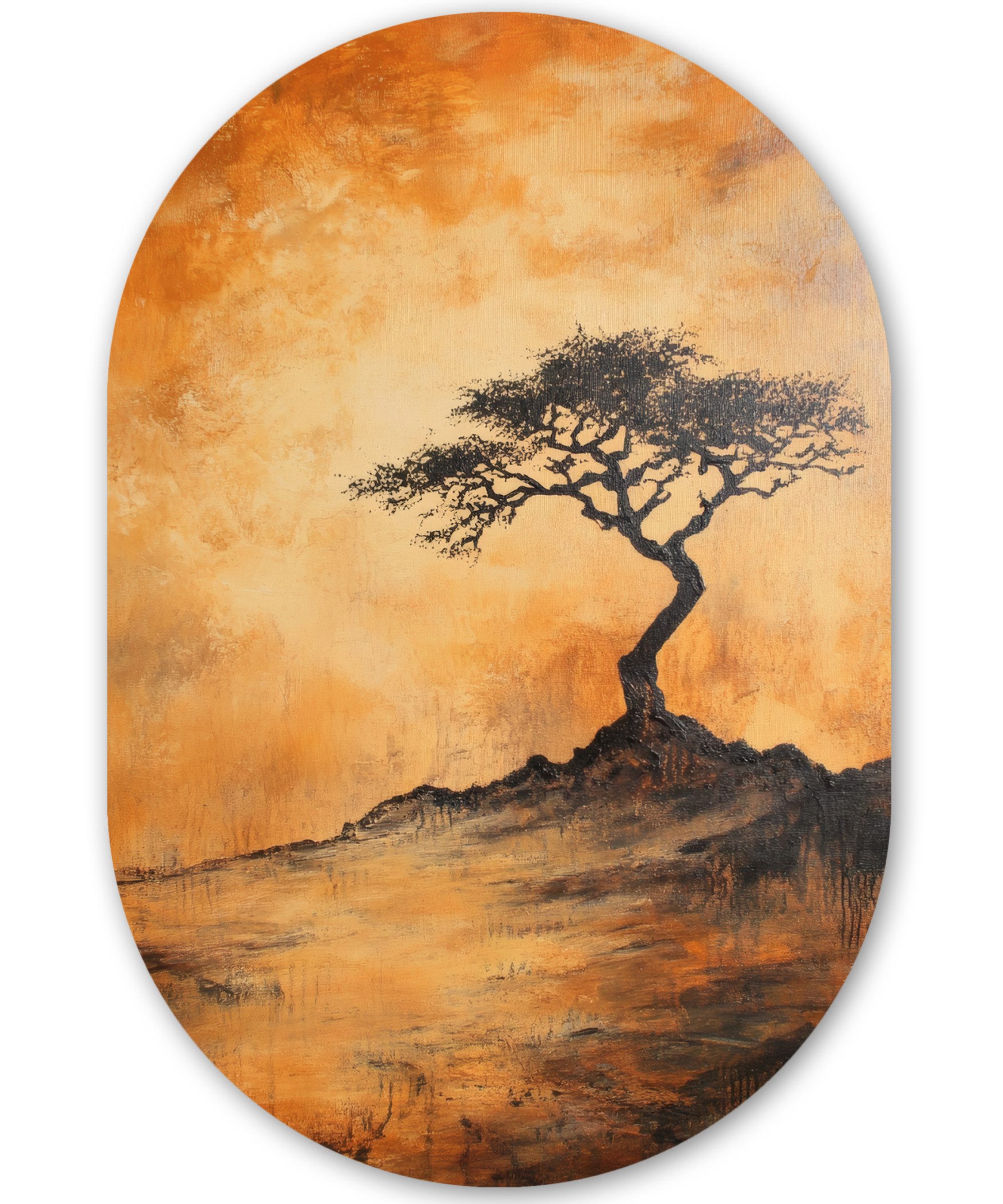 MuchoWow Gemälde Baum - Landschaft - Orange, Fotodruck (1 St), Wandbild Oval, Wohnzimmer oder Schlafzimmer Wanddekoration, 40x60 cm