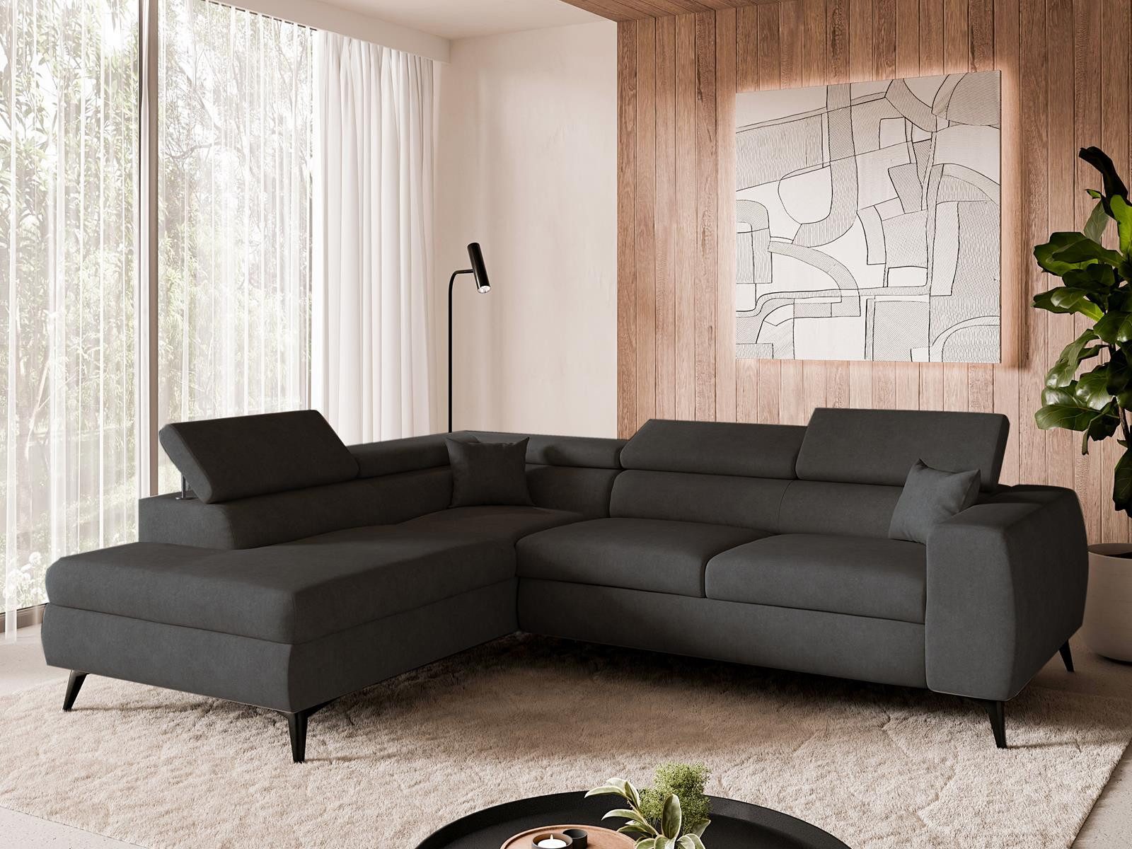 Compleo Ecksofa Einstellbare Kopfstützen, Schlaffunktion, Samtstoff, Breite: 270 cm, Schlafsofa, L-förmiges Sofa, MADE IN EU
