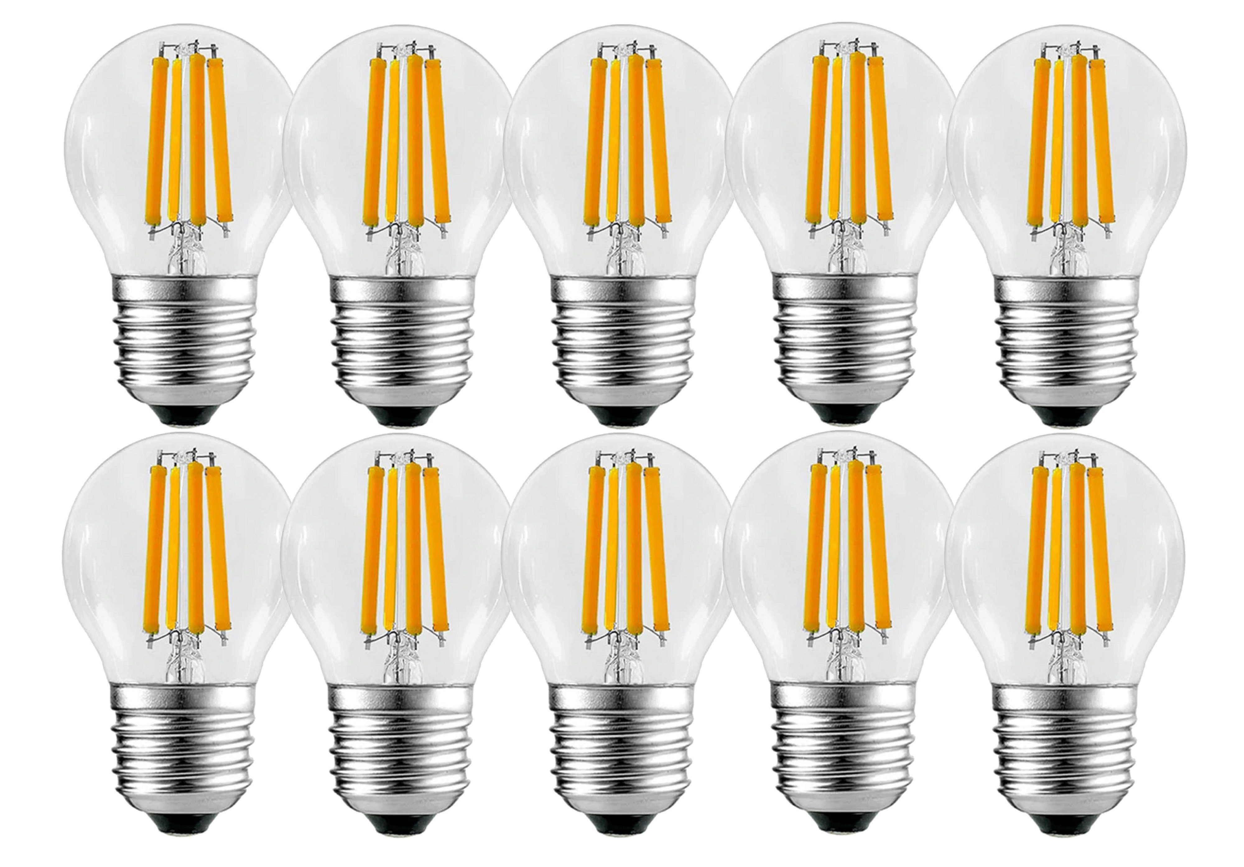 TRANGO LED-Leuchtmittel E27002, 10er Pack E27002-10 LED Filament Birne 5 Watt 450 Lumen - 2700K warmweiß leuchtend Ersatz für 60W Glühlampe - Glühbirne - Lampe Birne in Tropfen Form mit E27 Fassung Abstrahlwinkel 360°, 10 St., Lampe