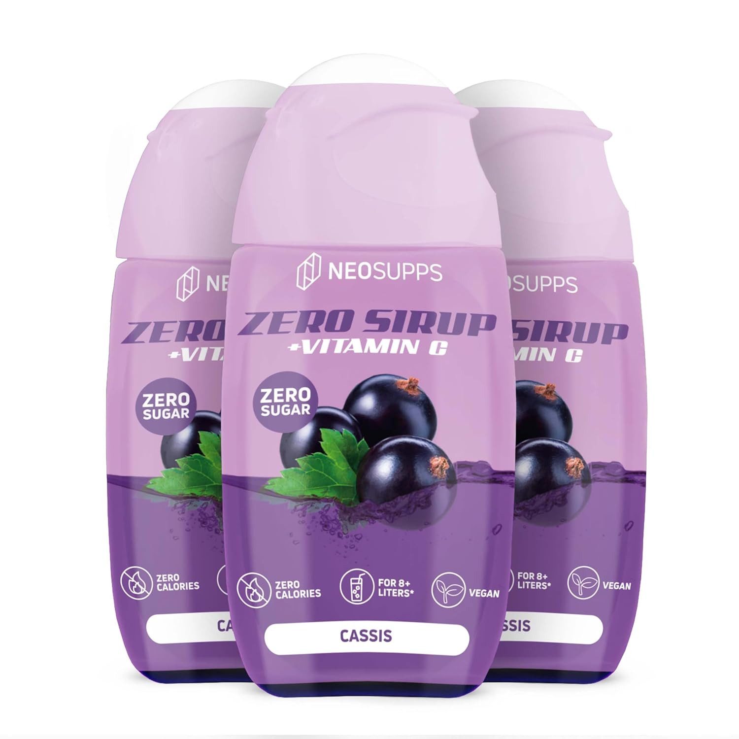 Neosupps Zero Sirup, Cassis Geschmack, 3x65 ml mit Vitamin C Sirup, 195 ml, Ohne Zucker, Ohne Kalorien