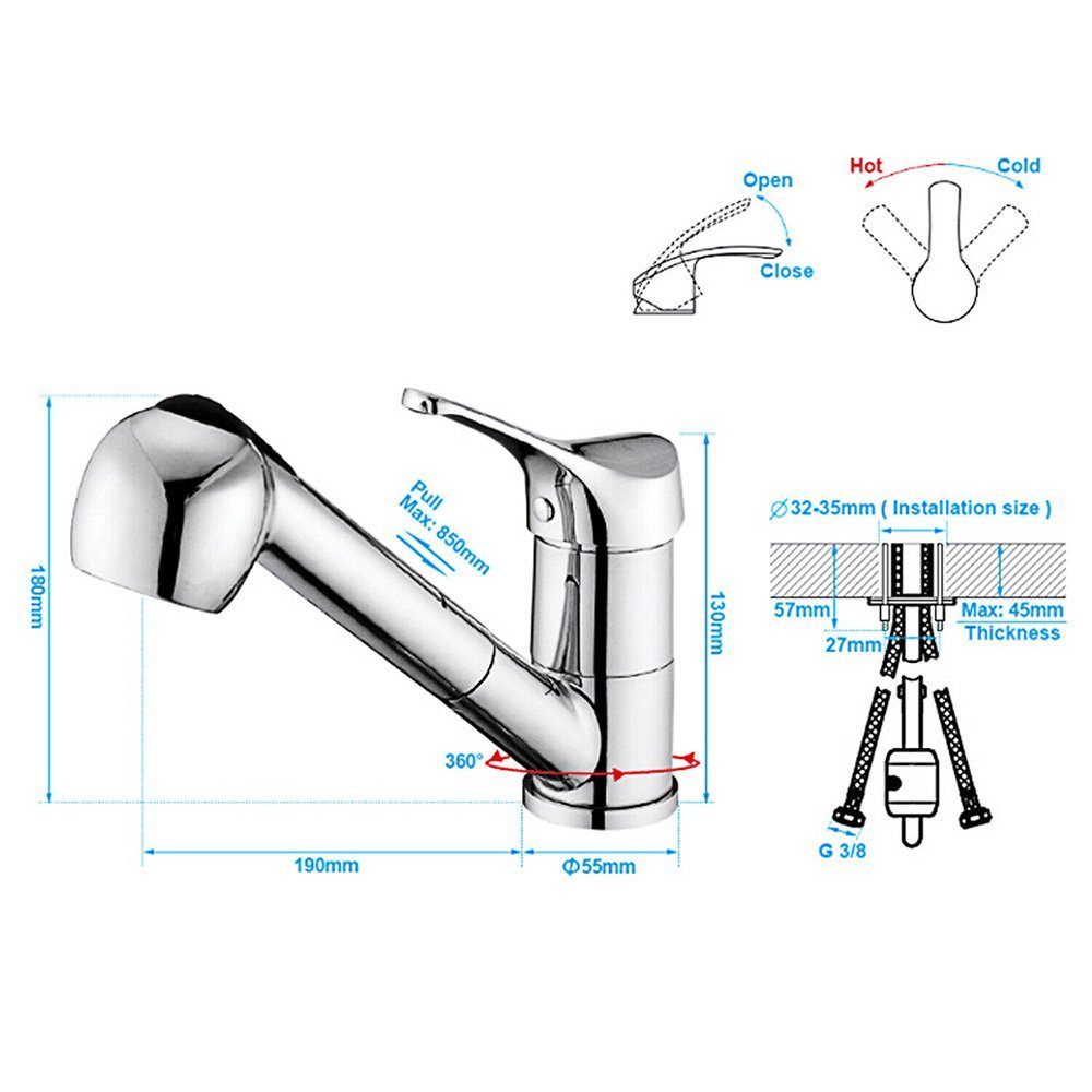 Küchenarmatur Einhebelmischer mit Küche Mischbatterie ausziehbar duschspa 360°schwenkbar Wasserhahn 2 Strahlarten