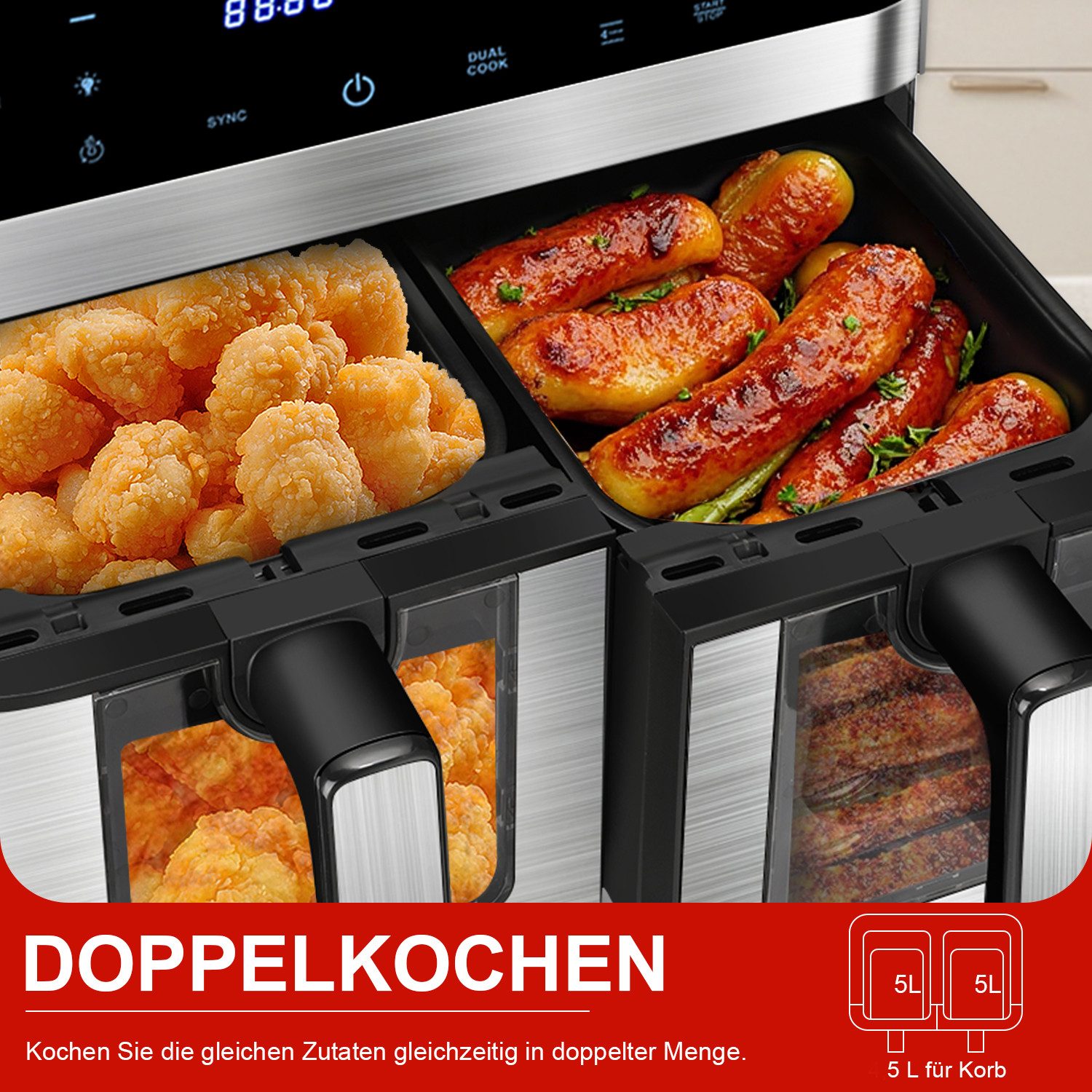 oyajia Heißluftfritteuse Heißluftfritteuse Dual Zone Heißluftfritteuse XXL, 10 Programme, Air fryer 11,2 L, Ohne Öl Frituese, Temperaturregelung für das Luftbra – Bild 5 von 5