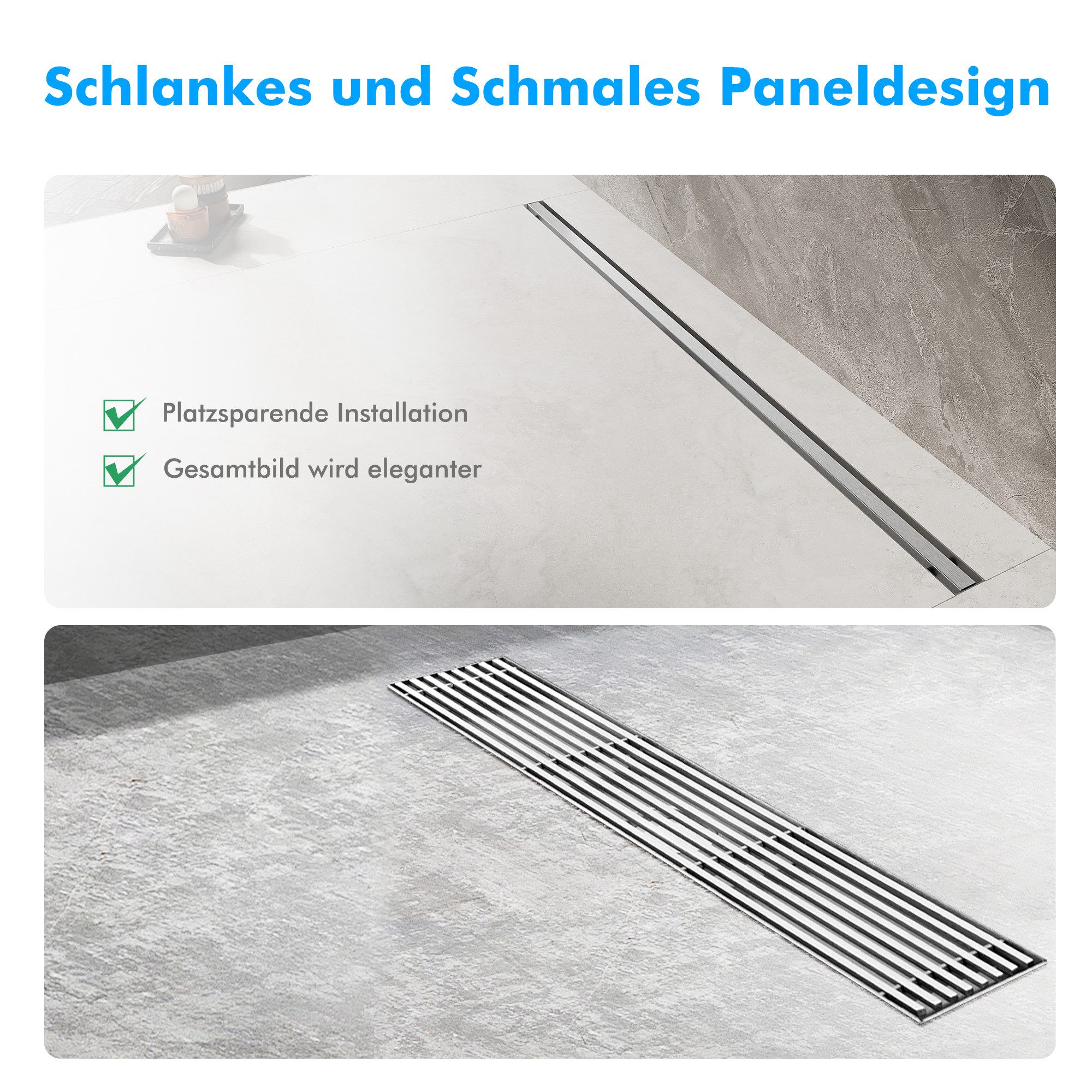 SONNI Duschrinne Schmale Edelstahl Flacher Duschrinne 30-100 cm 360° verstellbarer