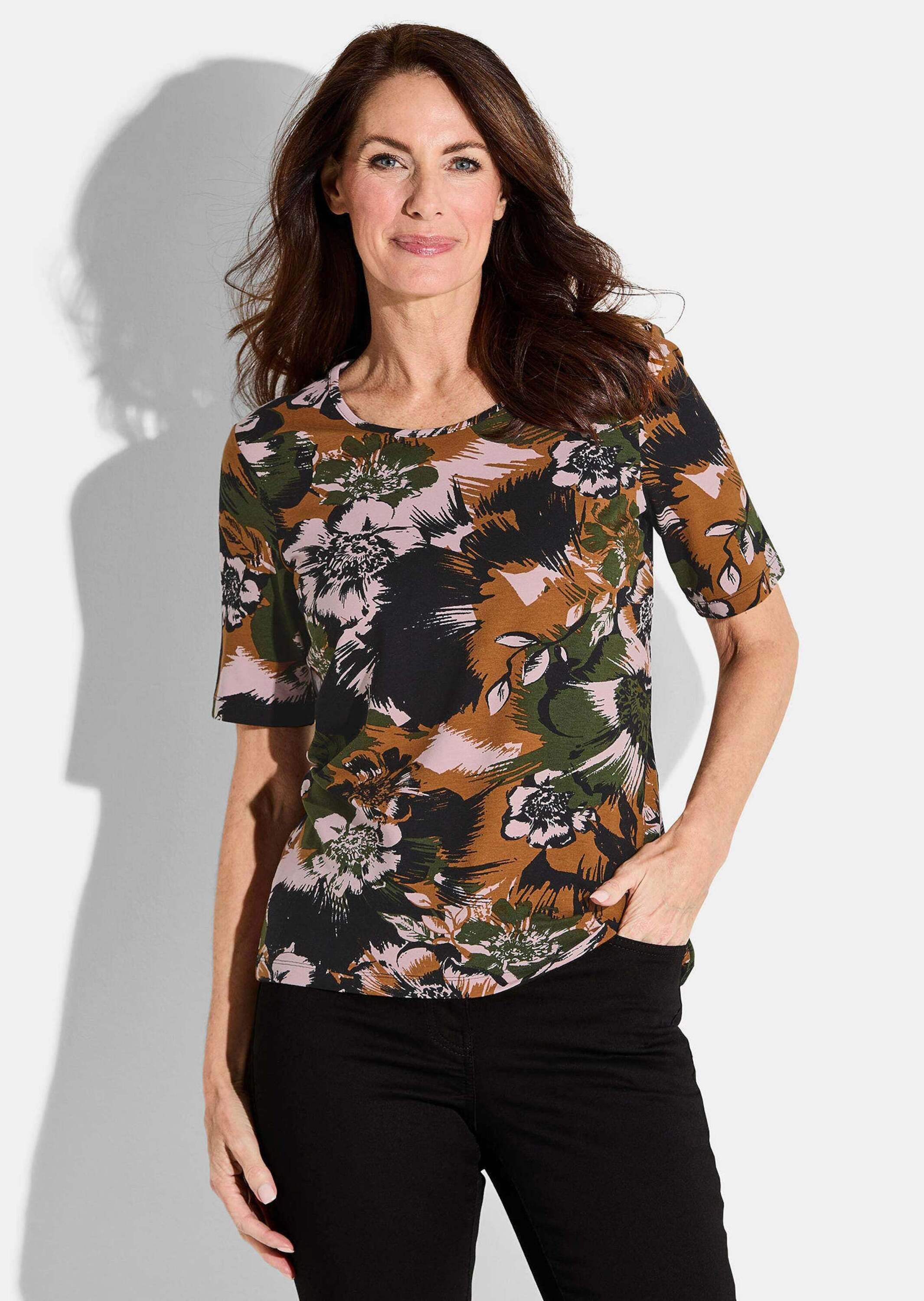 T-Shirt Kurzgröße: Florales Viskose-Shirt Halbarm