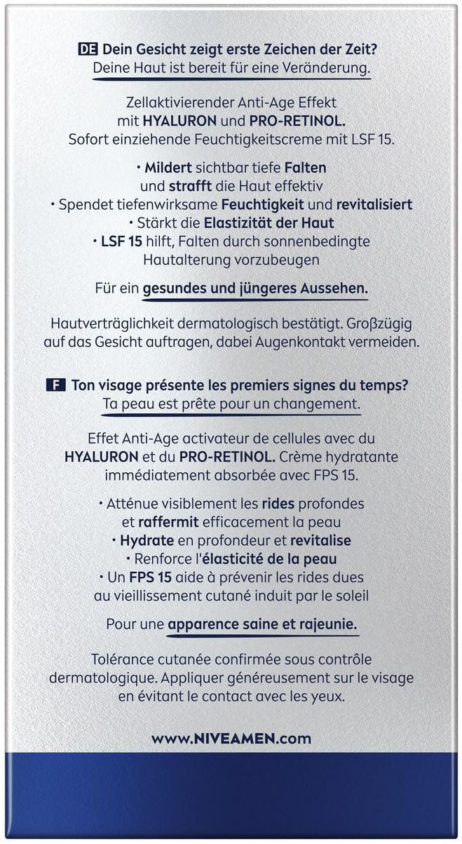 Nivea Men Anti-Aging-Creme ANTI-AGE HYALURON LSF 15, Feuchtigkeitspflege, mildert tiefe Falten, vegan.