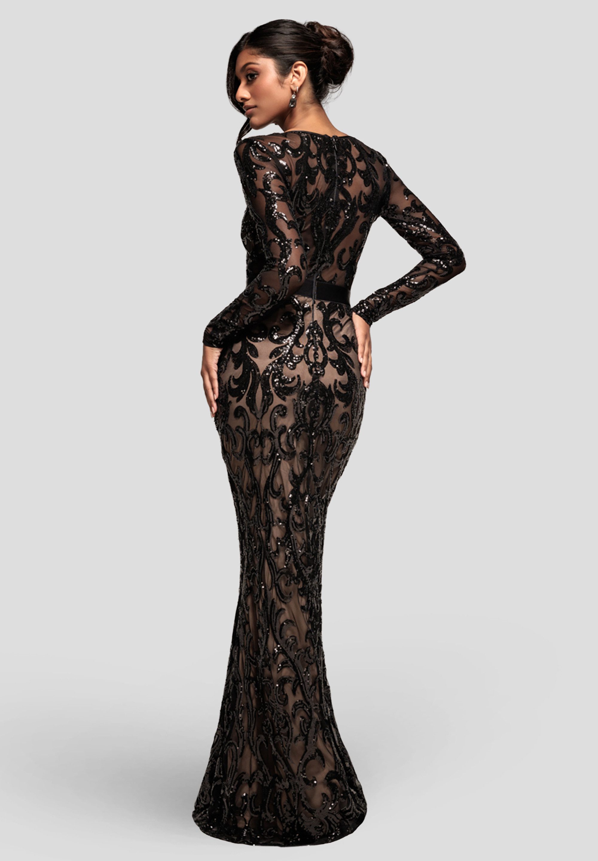 Goddiva Maxikleid Embroidered Sequin & Mesh Maxi Dress Langes Kleid, V-Ausschnitt, transparente Ärmel