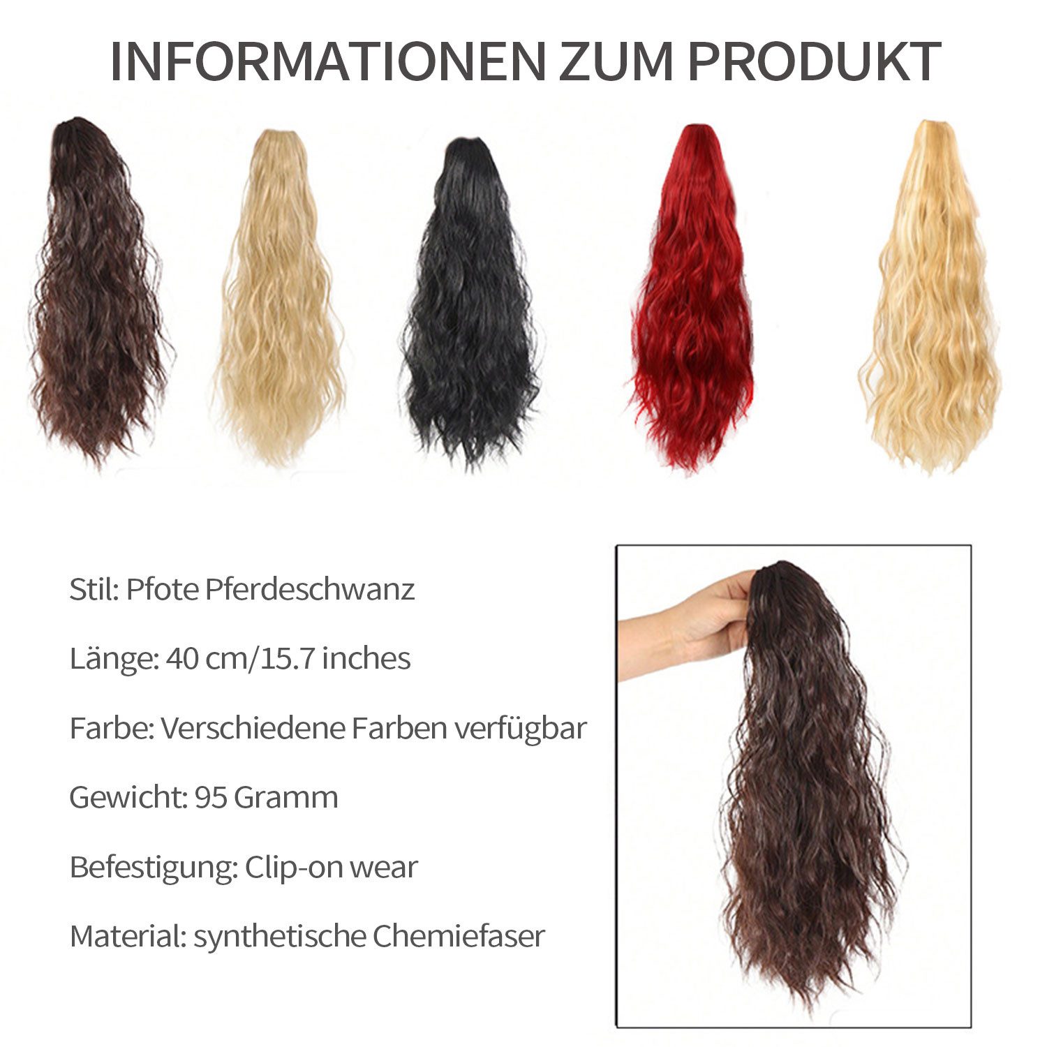 Refttenw Kunsthaarperücke Haarteil mit Haarklammer 40cm gewellte Pferdeschwanz, Ponytail Extension