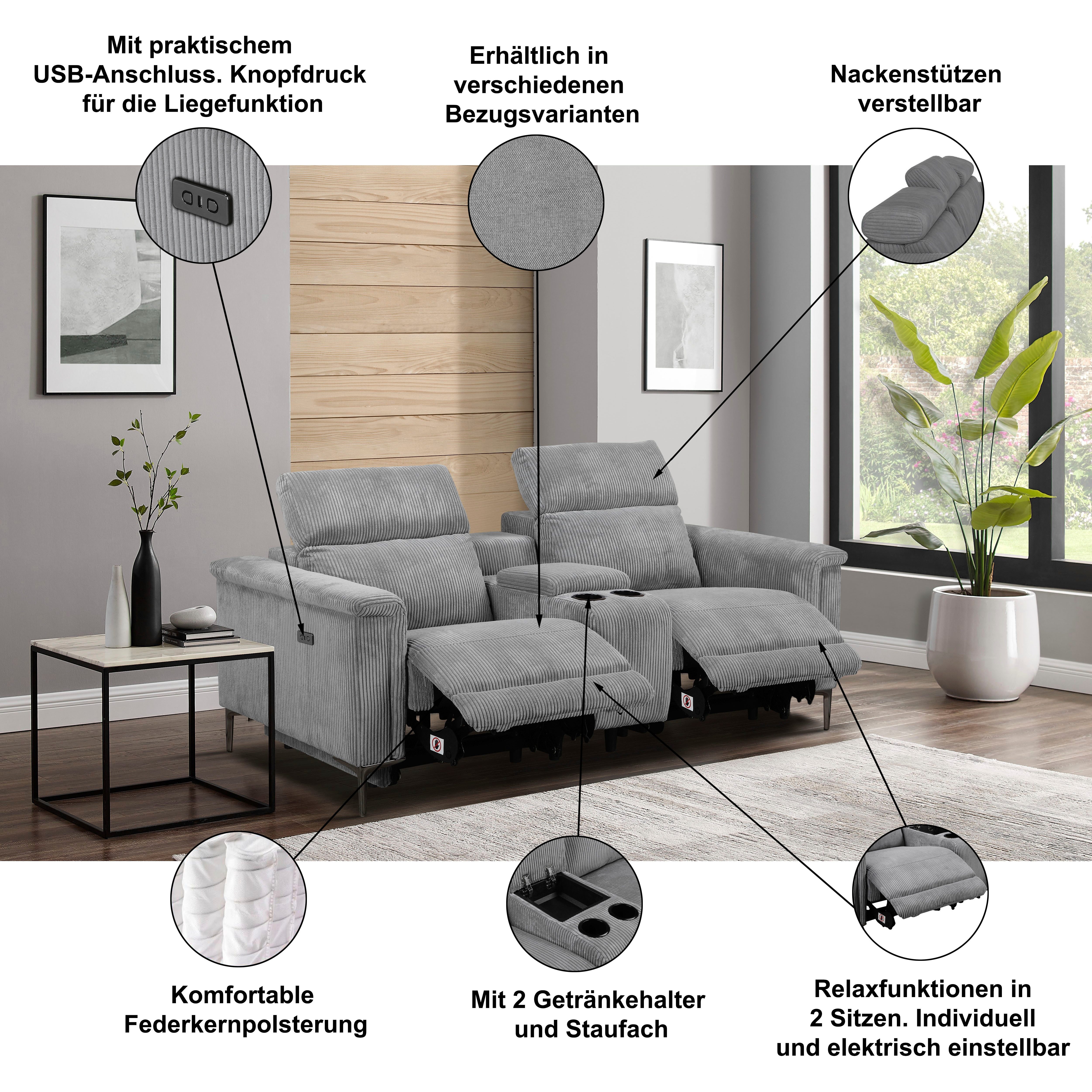 OTTO home 2-Sitzer LUND, Kinosofa, Relaxfunktion, TV-Sessel, manuell/elektrisch (USB-A), Kopfteilverstellung, Getränkachhalter, u. Staufach