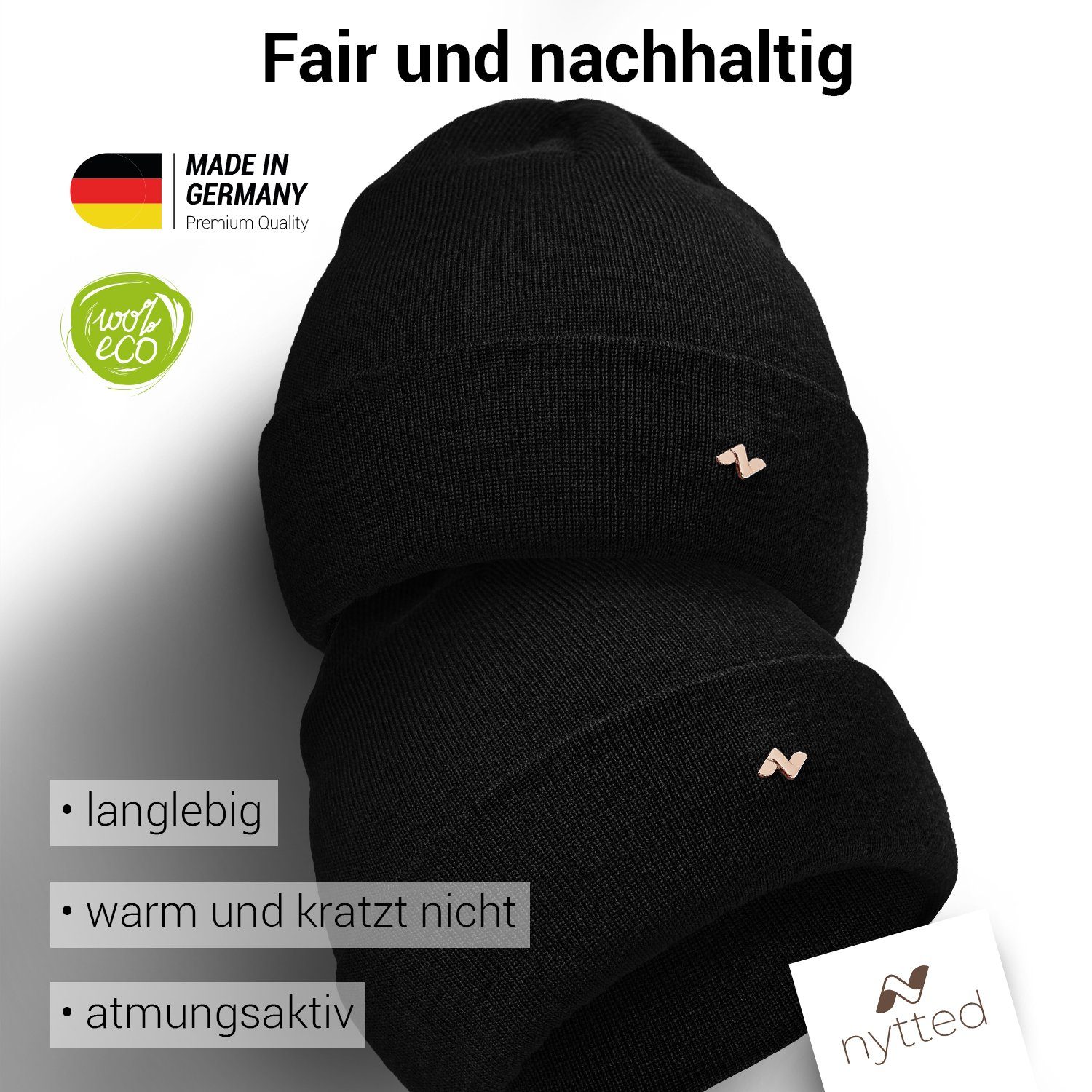 - Germany 100% in Merino-Wolle schwarz Wintermütze - Made Damen NYTTED® Herren & Beanie für -