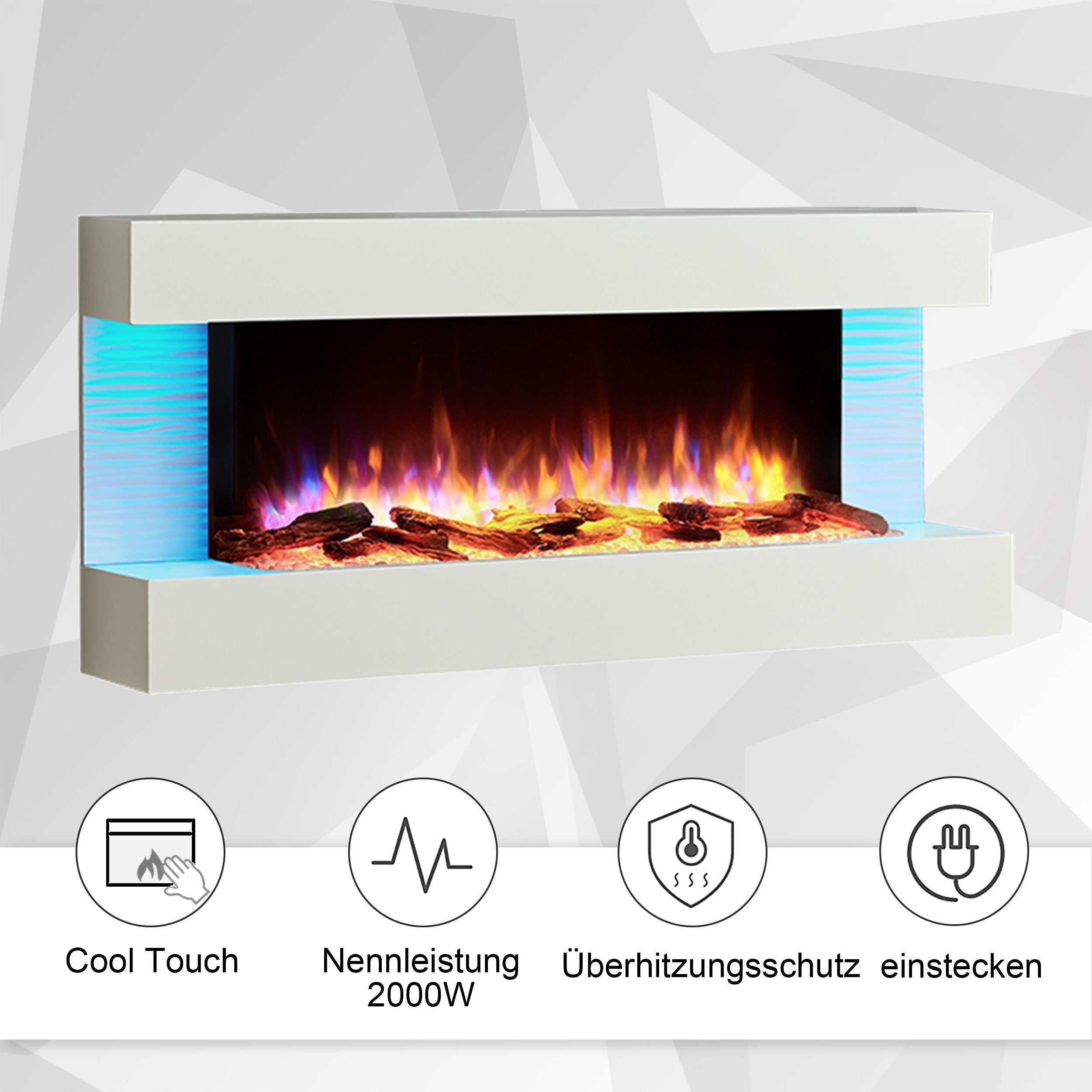 Heizung 3D-Flammeneffekt, Timer, 2000W, LED-Beleuchtung, RICHEN Thermostat Helia, mit Wandkamin Elektrokamin Fernbedienung, Weiß