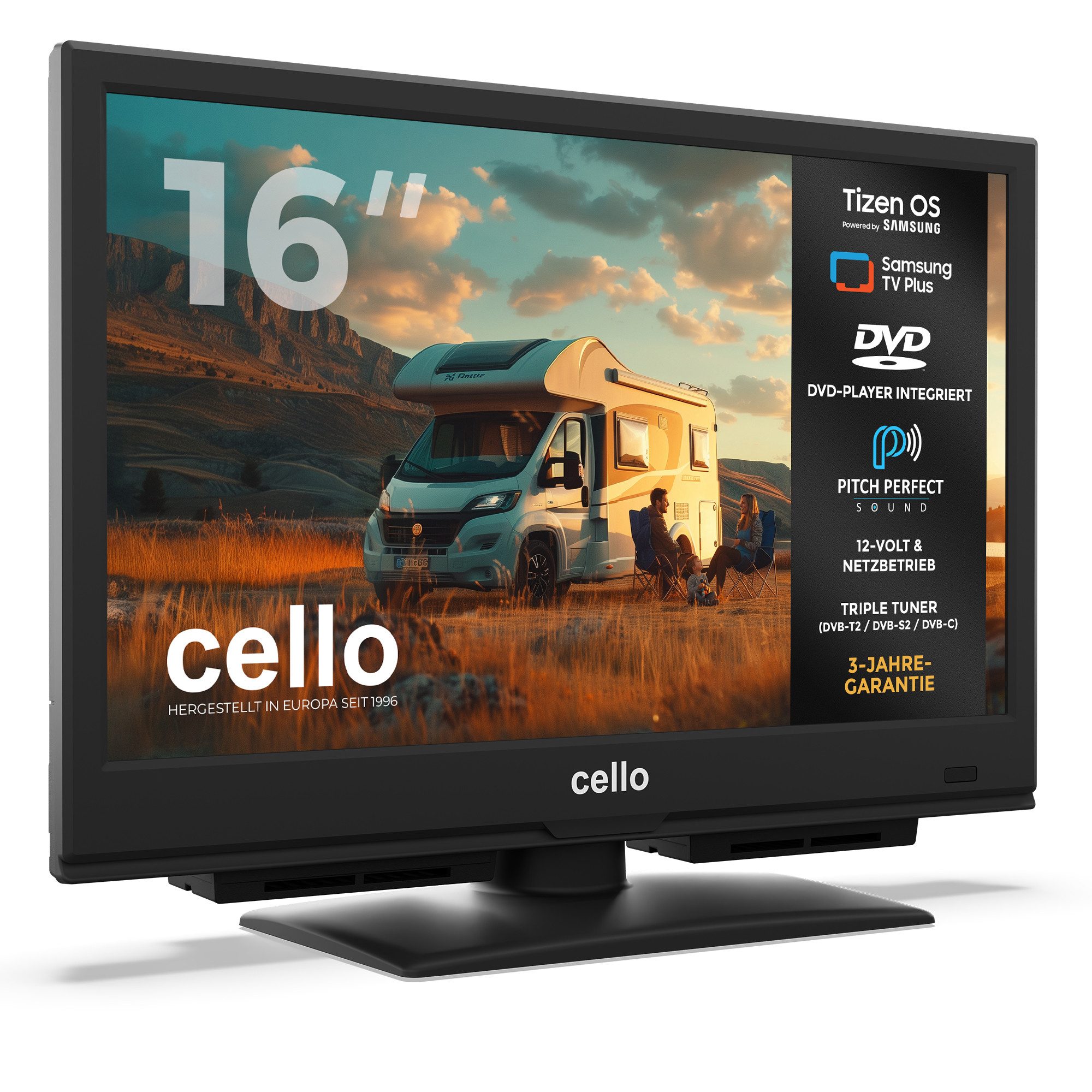 Cello CTrav-16TZ LED-Fernseher (40,64 cm/16 Zoll, Full-HD, Smart-TV, Smart Tizen OS powered by Samsung, Pitch Perfect Sound™, Triple Tuner)