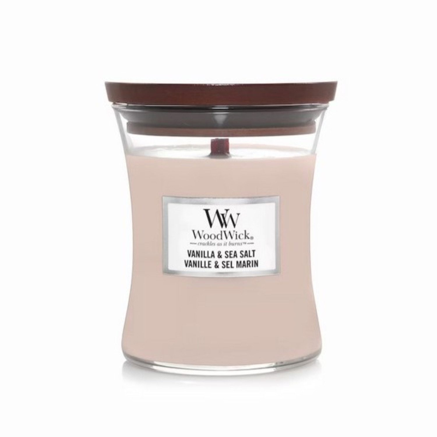 Woodwick Duftkerze im Glas mit Holzdeckel, Vanilla & Sea Salt, 275g, zarter Duft von Vanilleblüten, Meersalz und Jasmin