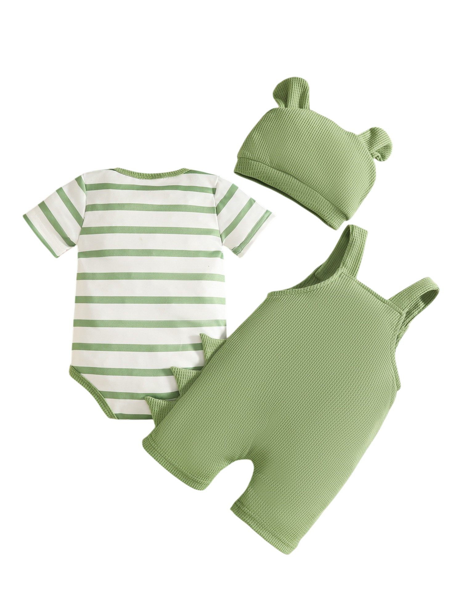 Gluckids Shirt, Hose, Jacke & Mütze Jungen Sommeroutfit, gestreifter Strampler, Bedruckter Latzhose, Mütze (Set, 3-tlg) Neugeborenes Casual Anzug mit Dinosaurier-Print, Geburtstagsgeschenk