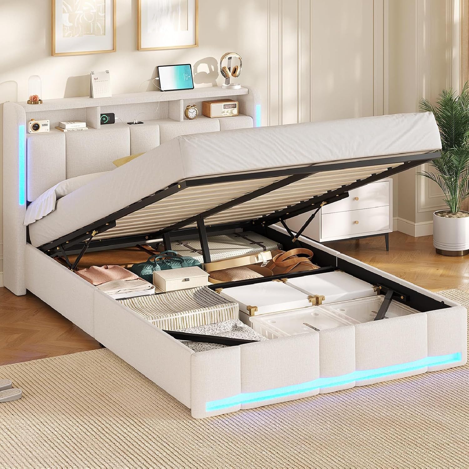 MSMASK Polsterbett mit Steckdosen & LED Beleuchtung, Stauraum und Kopfteil, günstig online kaufen