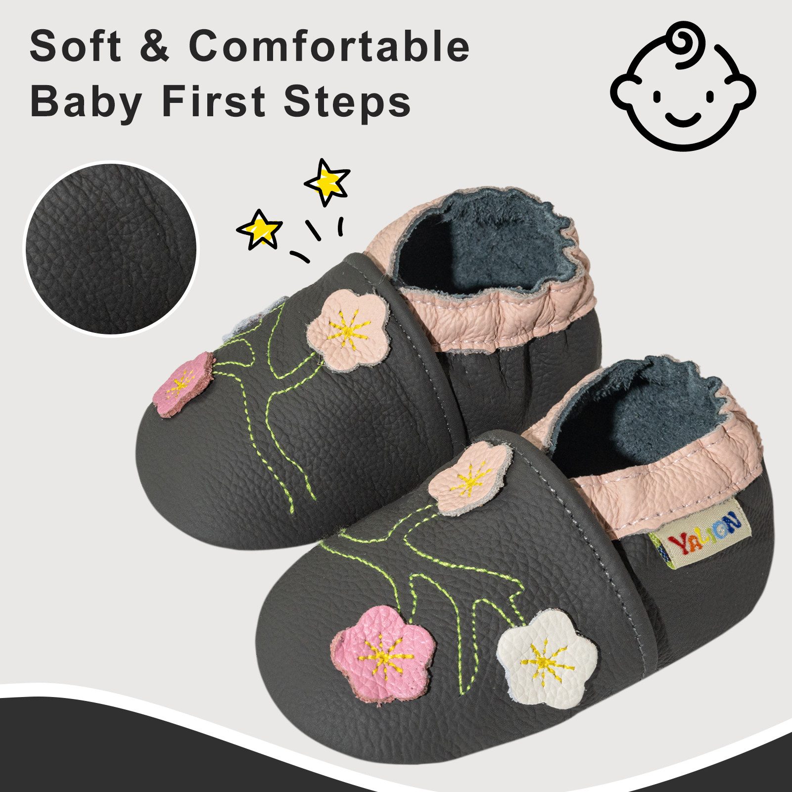 Yalion Weiche Leder Lauflernschuhe Hausschuhe Lederpuschen 3-Blumen Grau Krabbelschuh