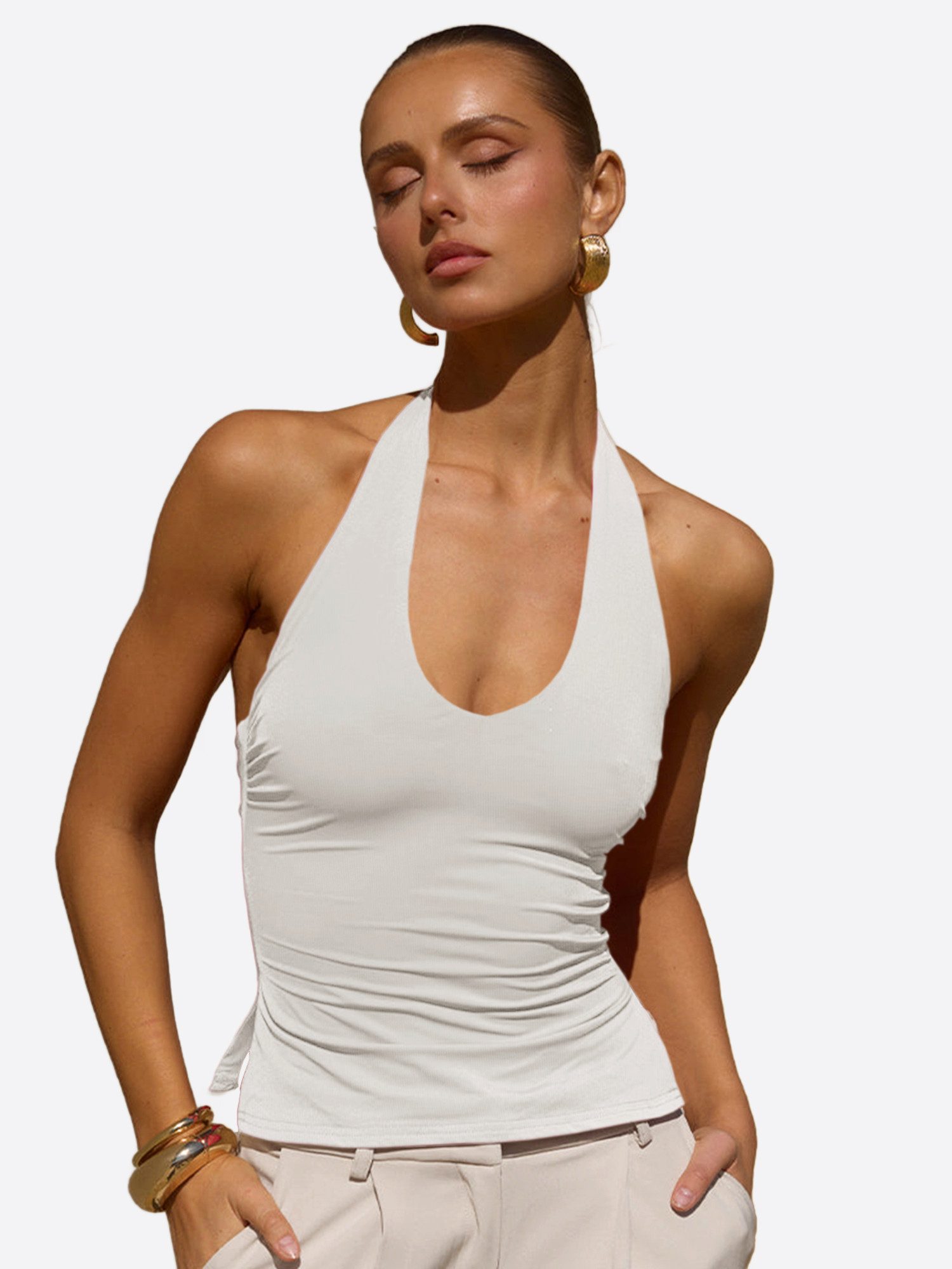 Imily Bela Tanktop Damen Halterneck Top mit freiem Rücken (Packung, 1-tlg., 1per-Pack) Seitenschlitze