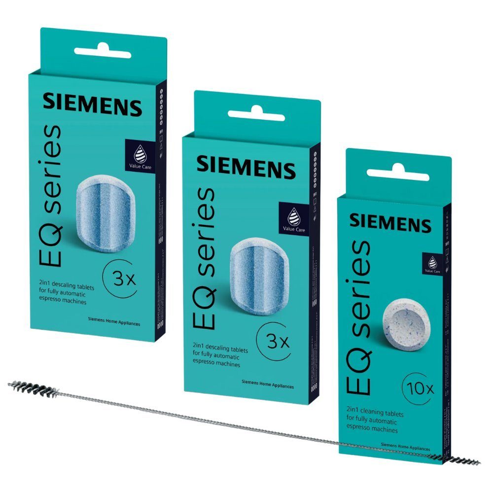 SIEMENS Reiniger TZ80001 + Entkalker TZ80002 + Reinigungsbürste Pflegeset (Spar-Set, [- 10× TZ80001A, 6× TZ80002A & Spezial-Reinigungsbürste Pflegeset für Brühgruppenreinigung, Kalkentfernung & Maschinenhygiene)