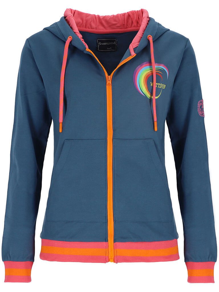 Wattlöper Kapuzensweatjacke 51032 Damen Kapuzenjacke mit rundem Backprint in Regenbogen-Farben