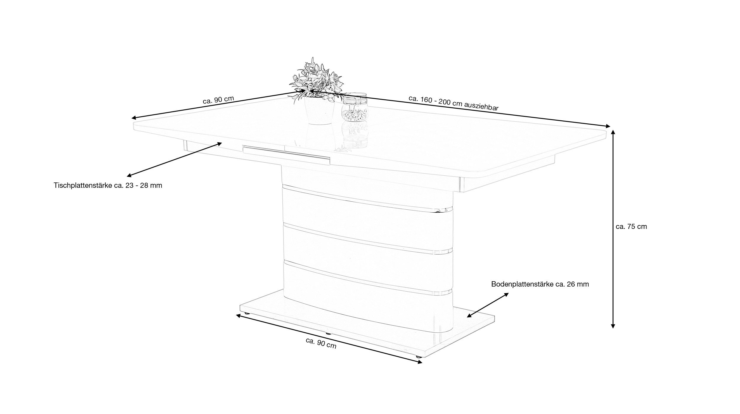 Die Möbelfundgrube® Säulen-Esstisch ANASTASIA 160 - 200 cm ausziehbar / weiß hochglanz / Synchronauszug, Einlegeplatte / Tischplattenstärke 23 - 28 mm