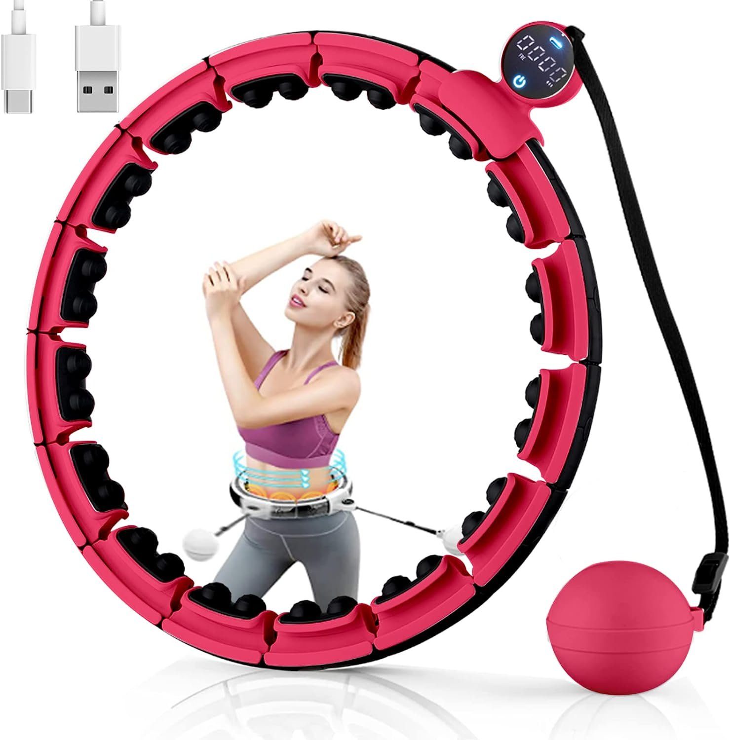 Diyarts Hula-Hoop-Reifen Digi-Smart (Fitness Smart Hula Hoop, Massage Gewichtsverlust), 16 Abnehmbaren Teilen USB-Aufladung Touch Counting Screen Dunkelrosa