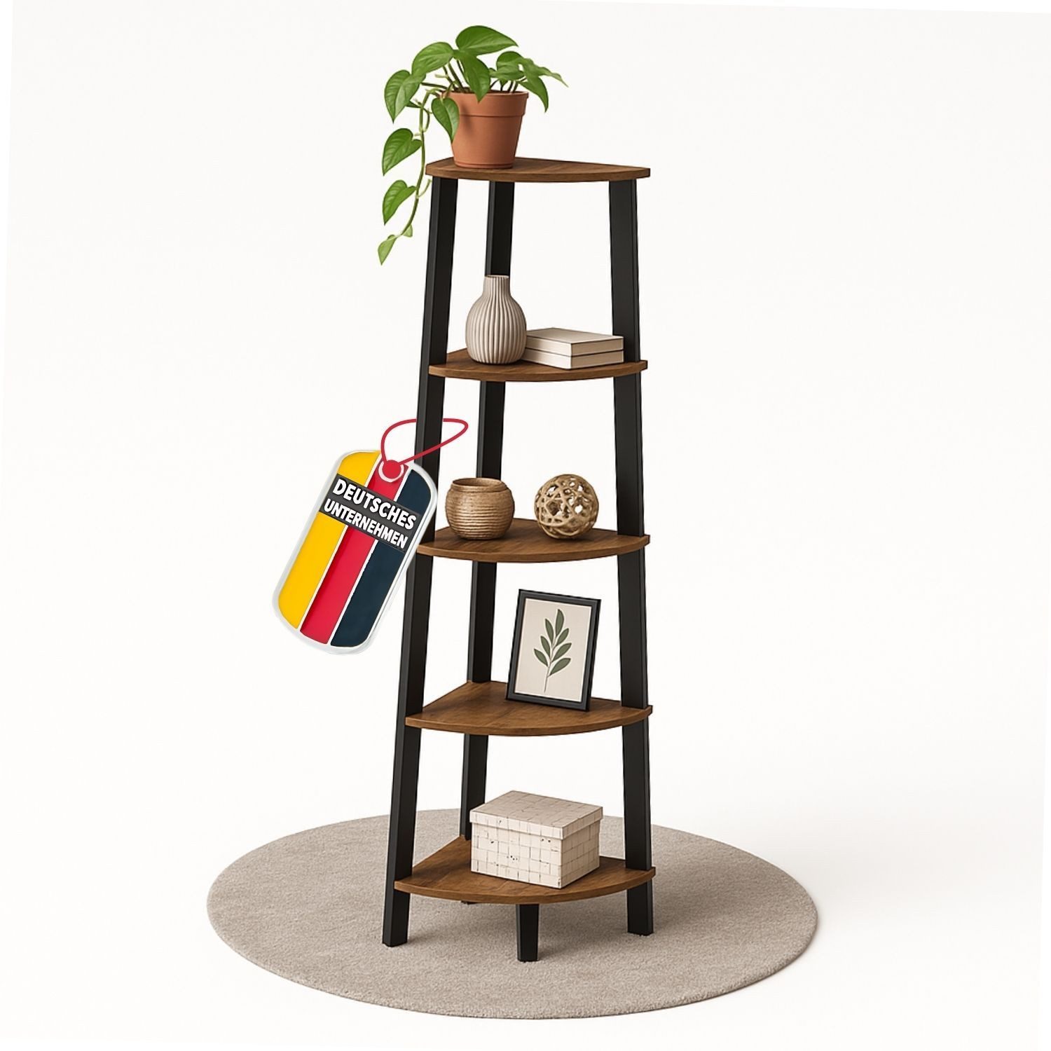 Mein-Regal Standregal, Eckregal Metall mattiert 5 Fächer Holz, Deko, Pflanzen, Bücherregal