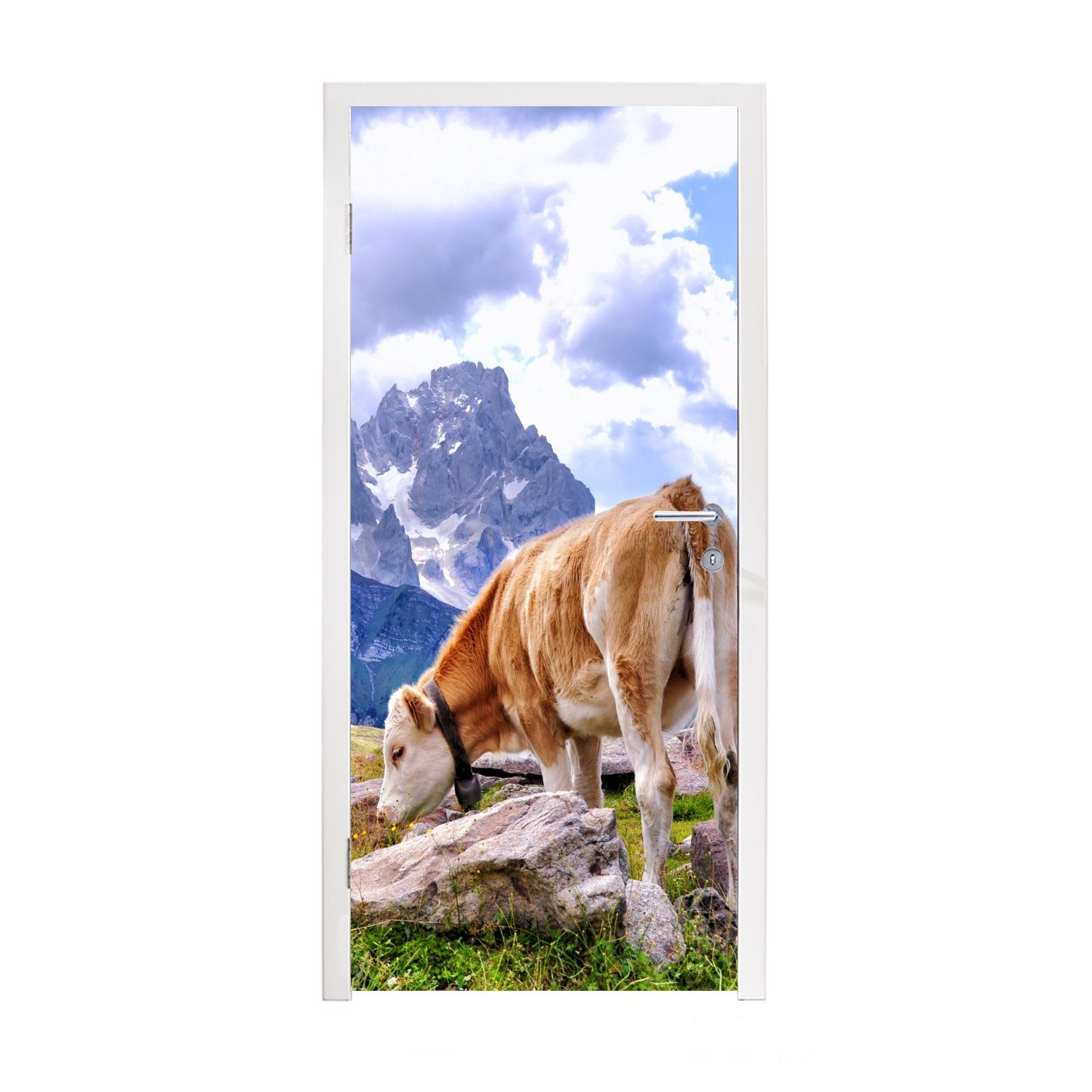 Türtapete MuchoWow Alpen cm - Berg, Fototapete (1 Kuh für - Tür, Matt, 75x205 bedruckt, Türaufkleber, St),