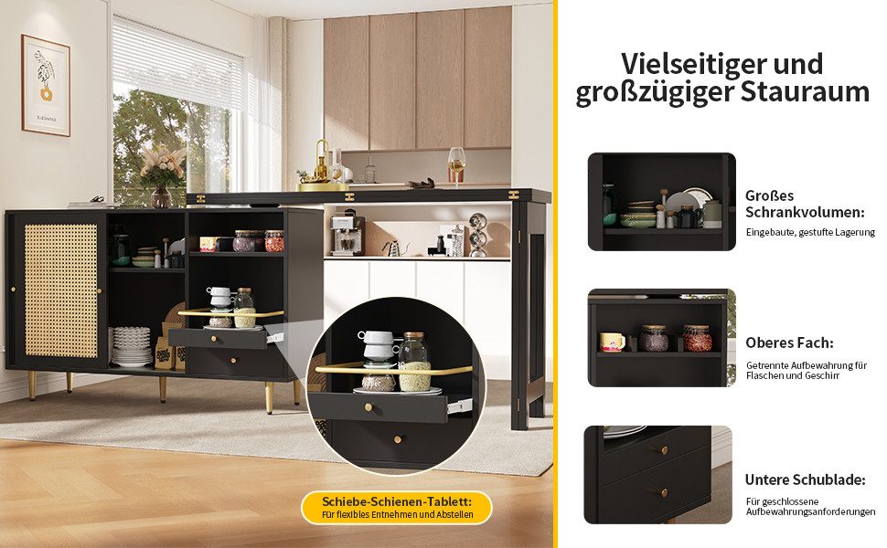 i@home Bartisch Um 360° drehbarer, mit Rattantür und offenes Lagerregal, Braun/Schwarz (1* Hauptkörper, 1* ausziehbarer Tisch), ausziehbarer Design, Hauptkörper: 107 x 40 x 71,4 cm