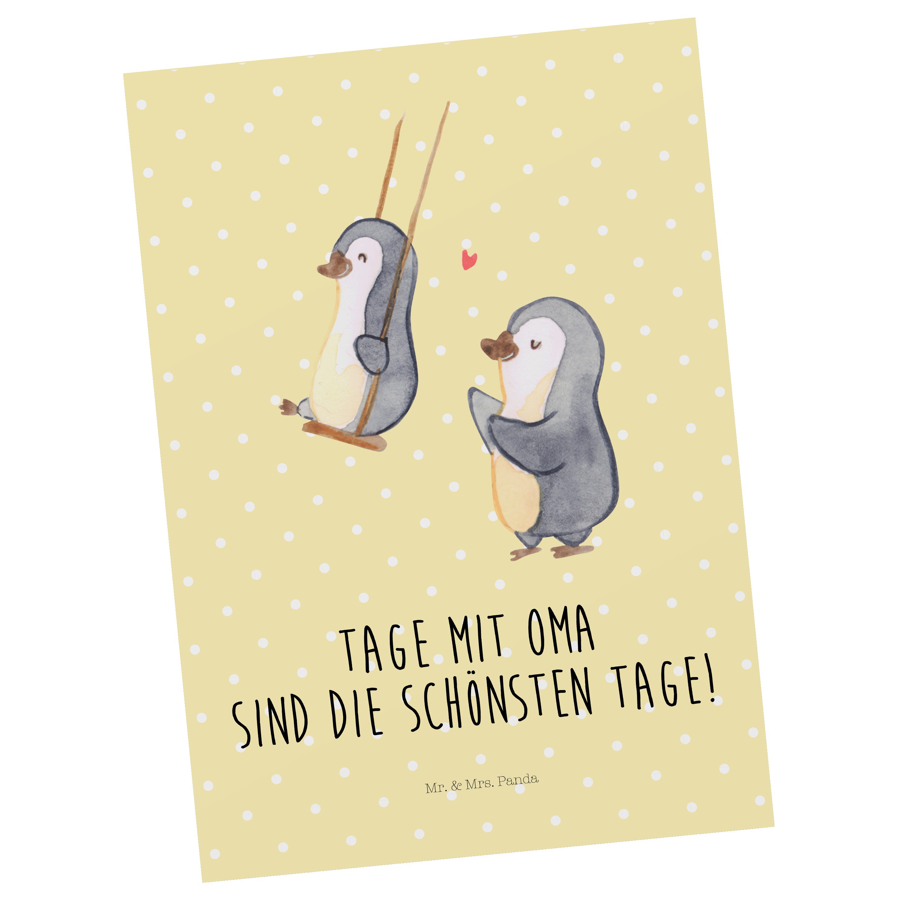 Mr. & Mrs. Panda Postkarte Pinguin Oma schaukeln - Gelb Pastell - Geschenk, Opa, Lieblingsoma, S