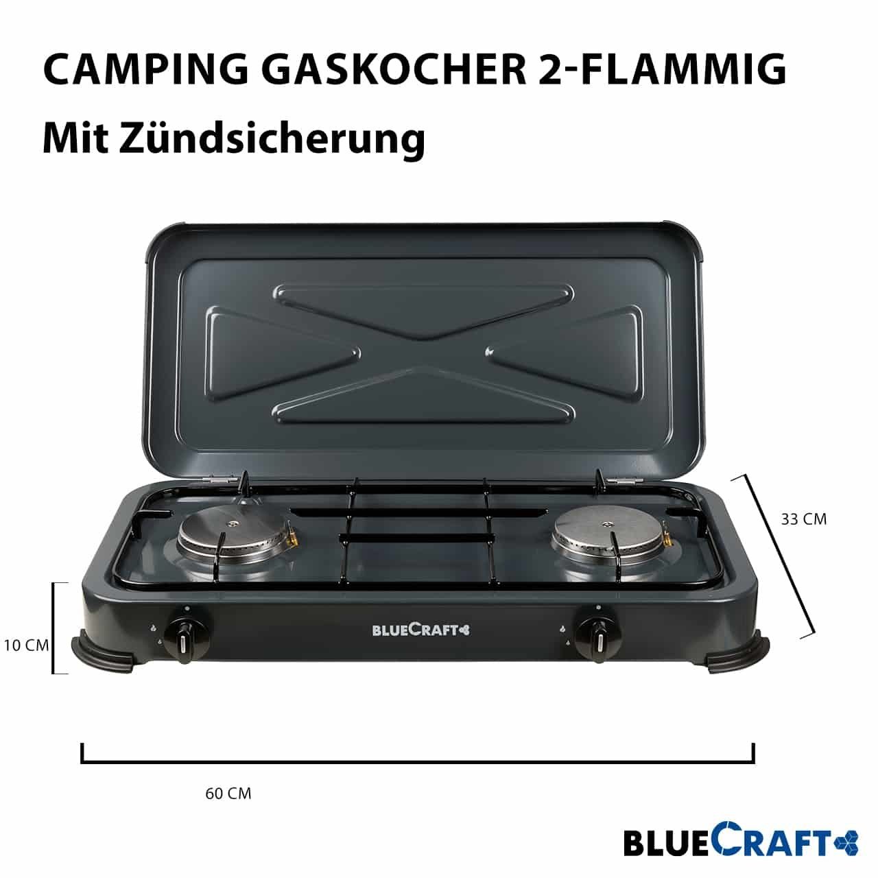 BlueCraft Gaskocher, (Gas-Kochfeld 2 flammen Propangas mit Schlauch und  Druckminderer), Campingkocher 2-flammig mit Zündsicherung Gasschlauch  Gasregler
