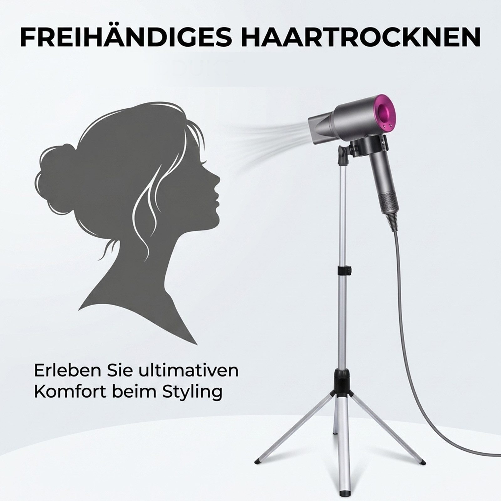JOYOLEDER Haartrocknerhalter Föhn Halterung, Höhenverstellbar von 75 bis 150 cm, (Haartrocknerständer Ohne Bohren 180° Drehbarer für, Hotel Wohnzimmer Barbersho – Bild 5 von 5