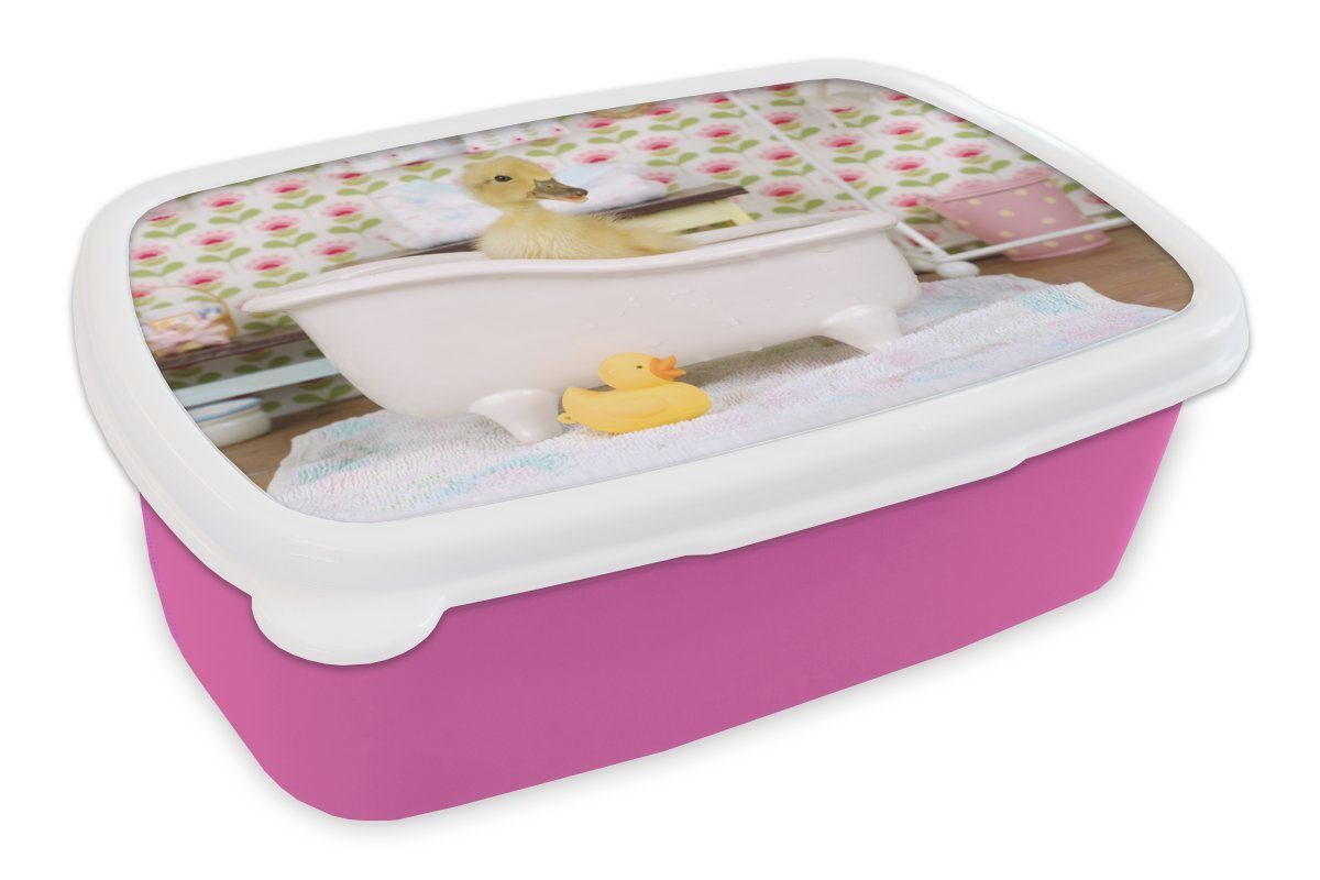 MuchoWow Lunchbox Ente - Bad - Gummi-Ente, Kunststoff, (2-tlg), Brotbox für Erwachsene, Brotdose Kinder, Snackbox, Mädchen, Kunststoff rosa