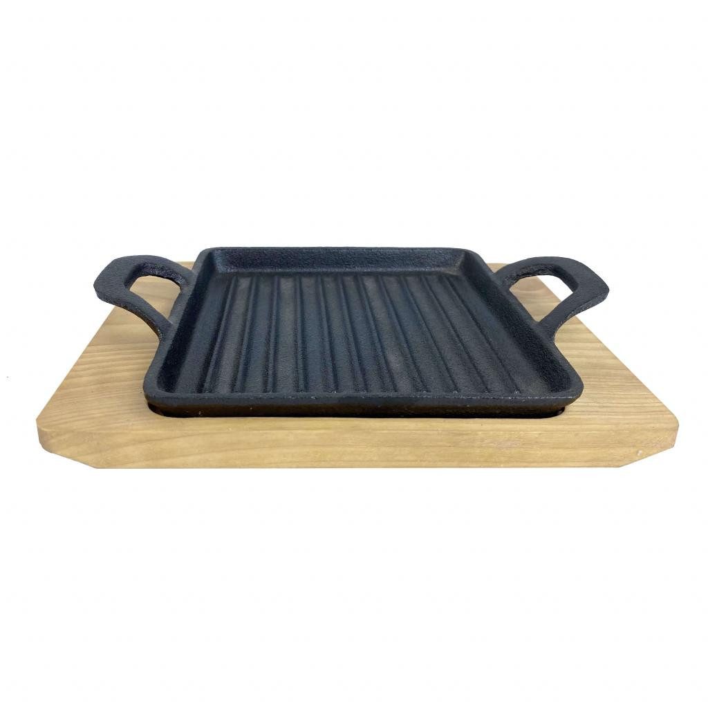 Grillpfanne Gusseisen-Pfanne mit 2 Griffen + Untersetzer