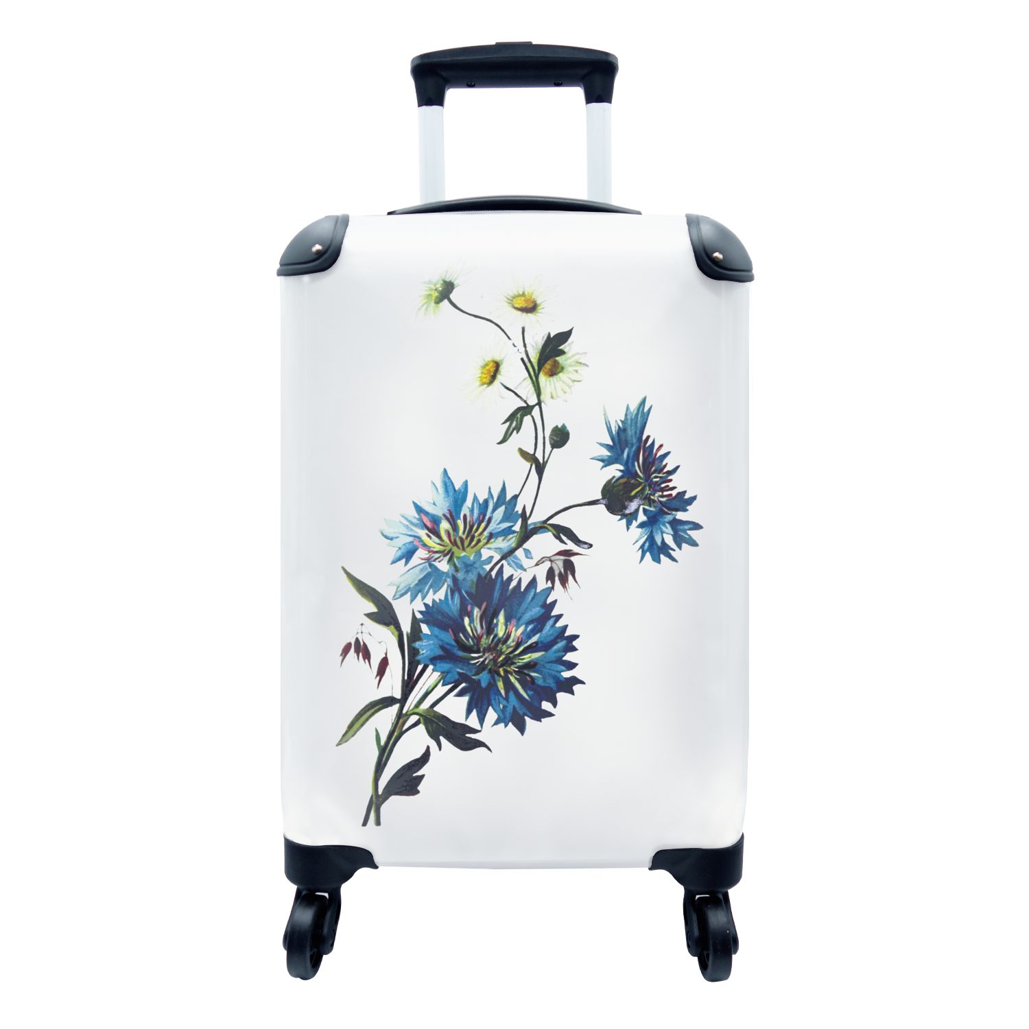 MuchoWow Handgepäckkoffer Retro - Blumen - Blau, 4 Rollen, Reisetasche mit rollen, Handgepäck für Ferien, Trolley, Reisekoffer