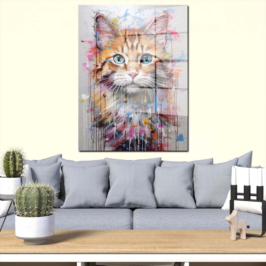 Artedinoi Acrylglasbild Katze Acrylglasbild Wandbild Abstrakt Bunt Tier Modern Deko XXL, Abstraktes Katzenporträt in leuchtenden Farben