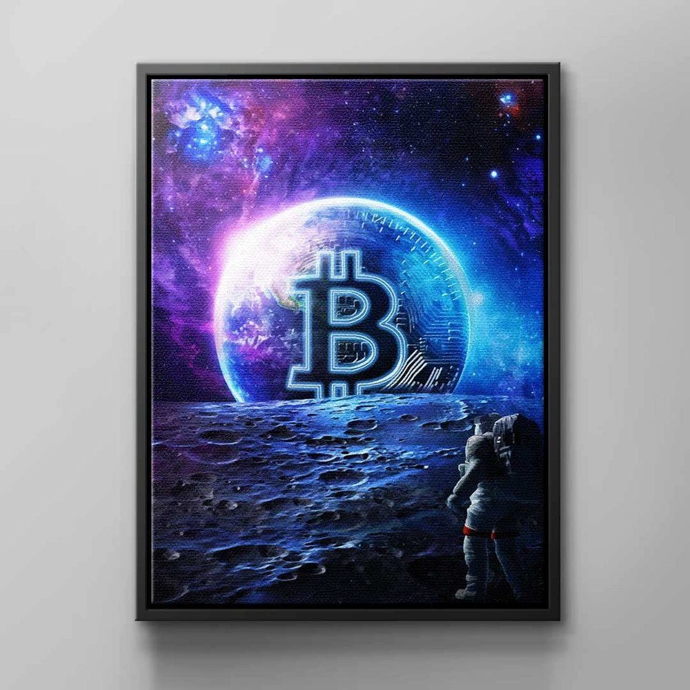 DOTCOMCANVAS® Leinwandbild Bitcoin Sunset, Wandbild Motivation Bitcoin Sonnenuntergang bunt Platz Anzug blau we schwarzer Rahmen
