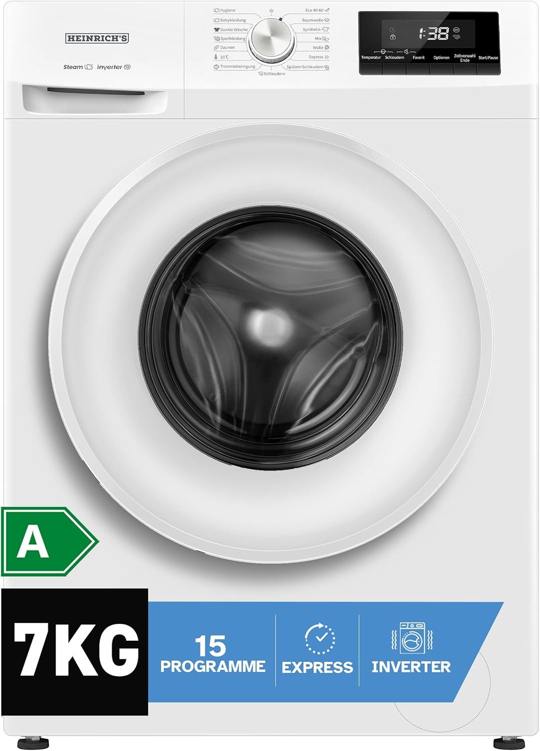 Heinrich´s Waschmaschine HWM 6107W, 7 kg, 1400 U/min, 7kg, 1400 U/min, 15 Programme, Energieklasse A, LED & Aqua-Stop