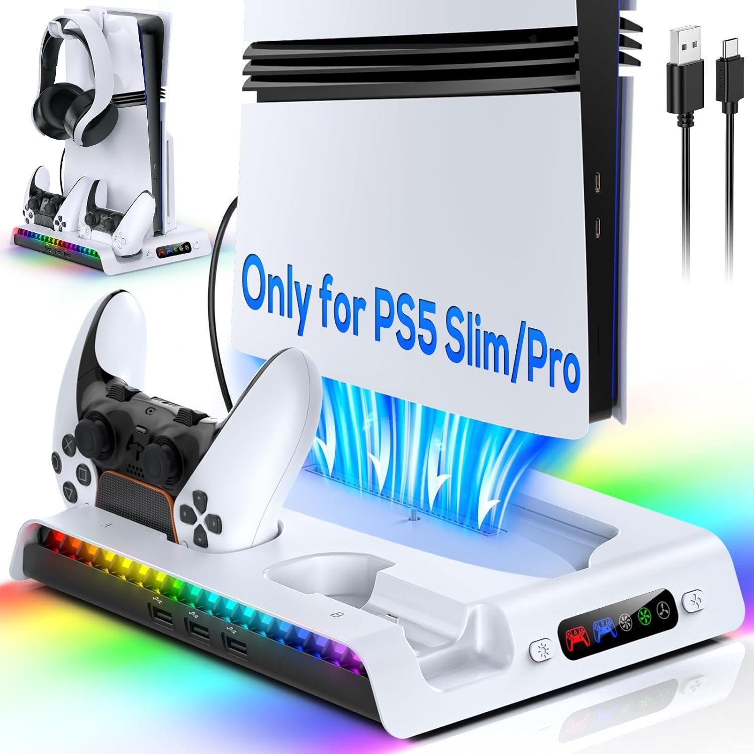 TUWENA Standfuß für PS5 Pro/PS5 Slim, LED Controller Ladestation Zubehör PlayStation 5-Controller (kompatibel mit Playstation5 Pro/Slim Digital/Disc Edition)