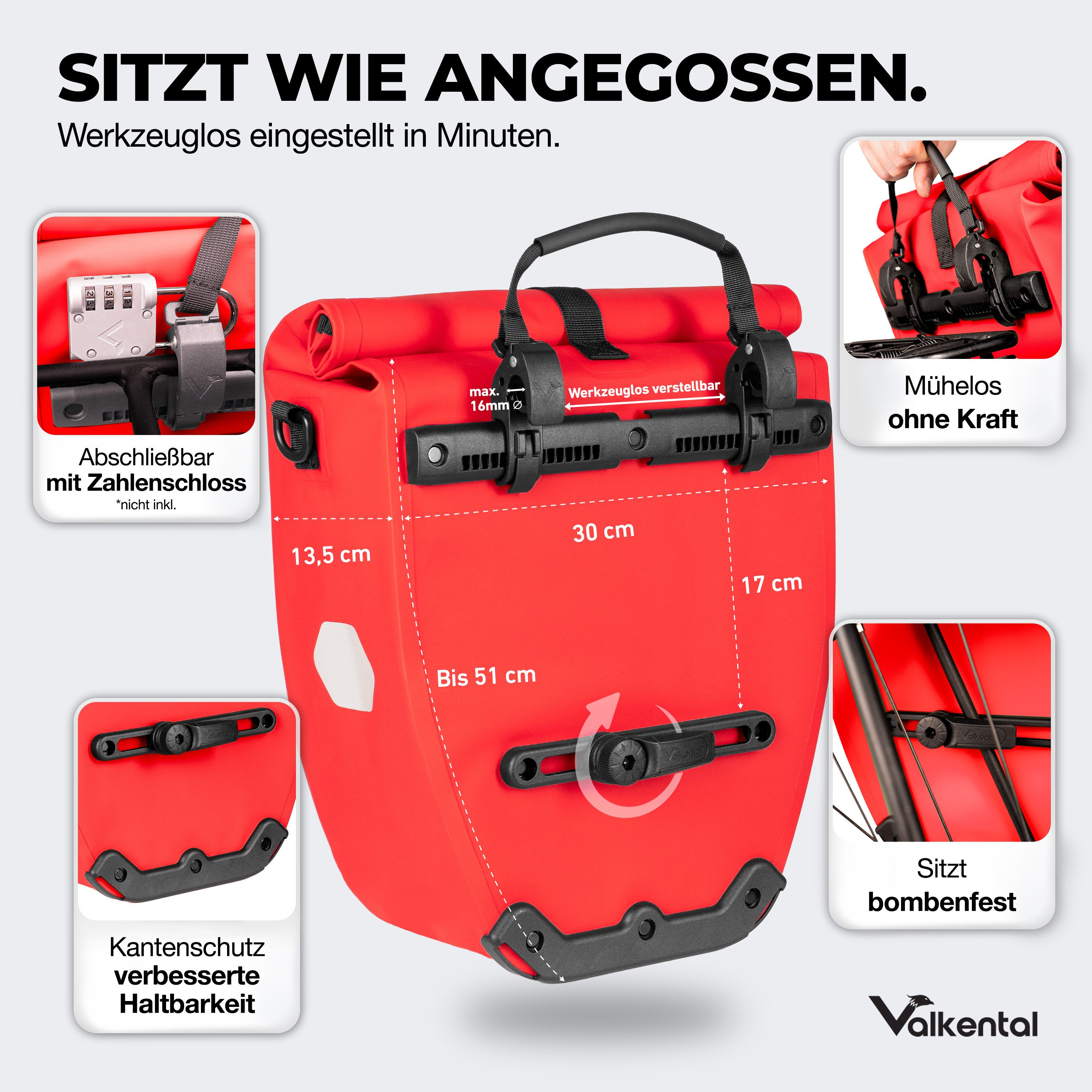 Valkental Fahrradtasche Gepäckträger wasserdicht & abschließbar, Gepäckträgertasche Fahrrad mit Großen Reflektoren 20L, 28L, 32L