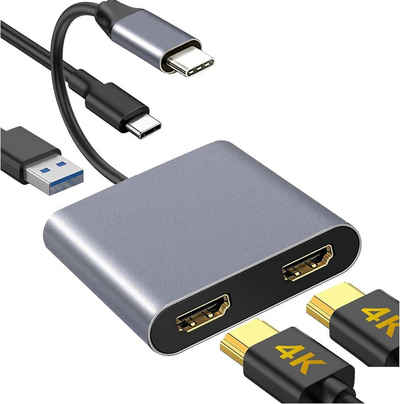 AURUM USB C 4in1 auf 2X HDMI 4K 1x USB 3.0 1x Typ C PD Charge 100W Adapter HDMI-Adapter, 18 cm
