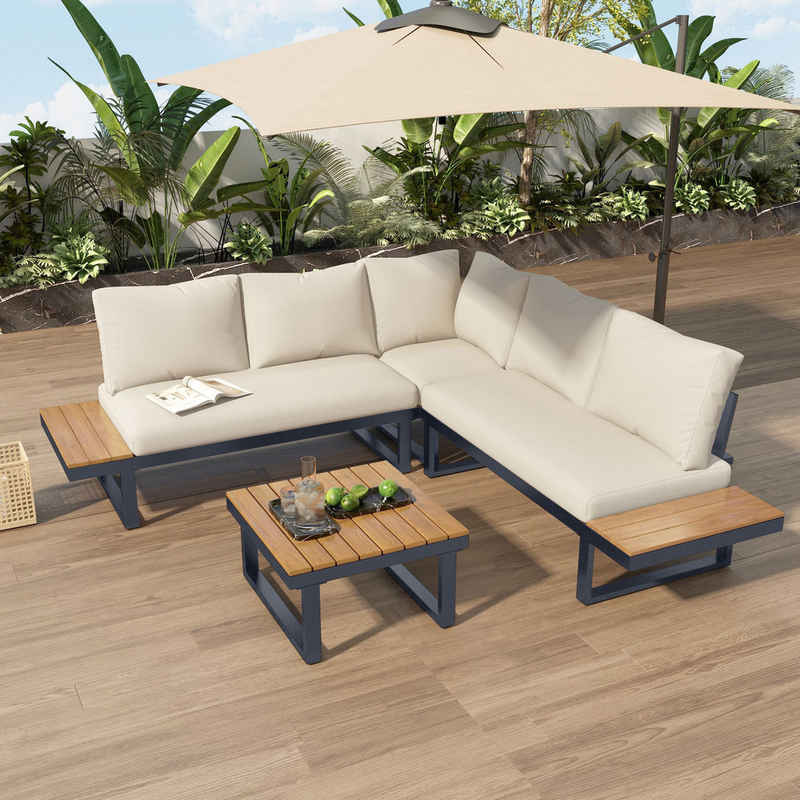 HAUSS SPLOE Gartenlounge-Set Eckposition mit verstellbarer Winkel-Liegefunktion, Couchtisch,Beige, (mit Stahlrahmen und Kissen, Ecklounge, 1 Couchtisch, 2 Bänke, 1 Eckbank)