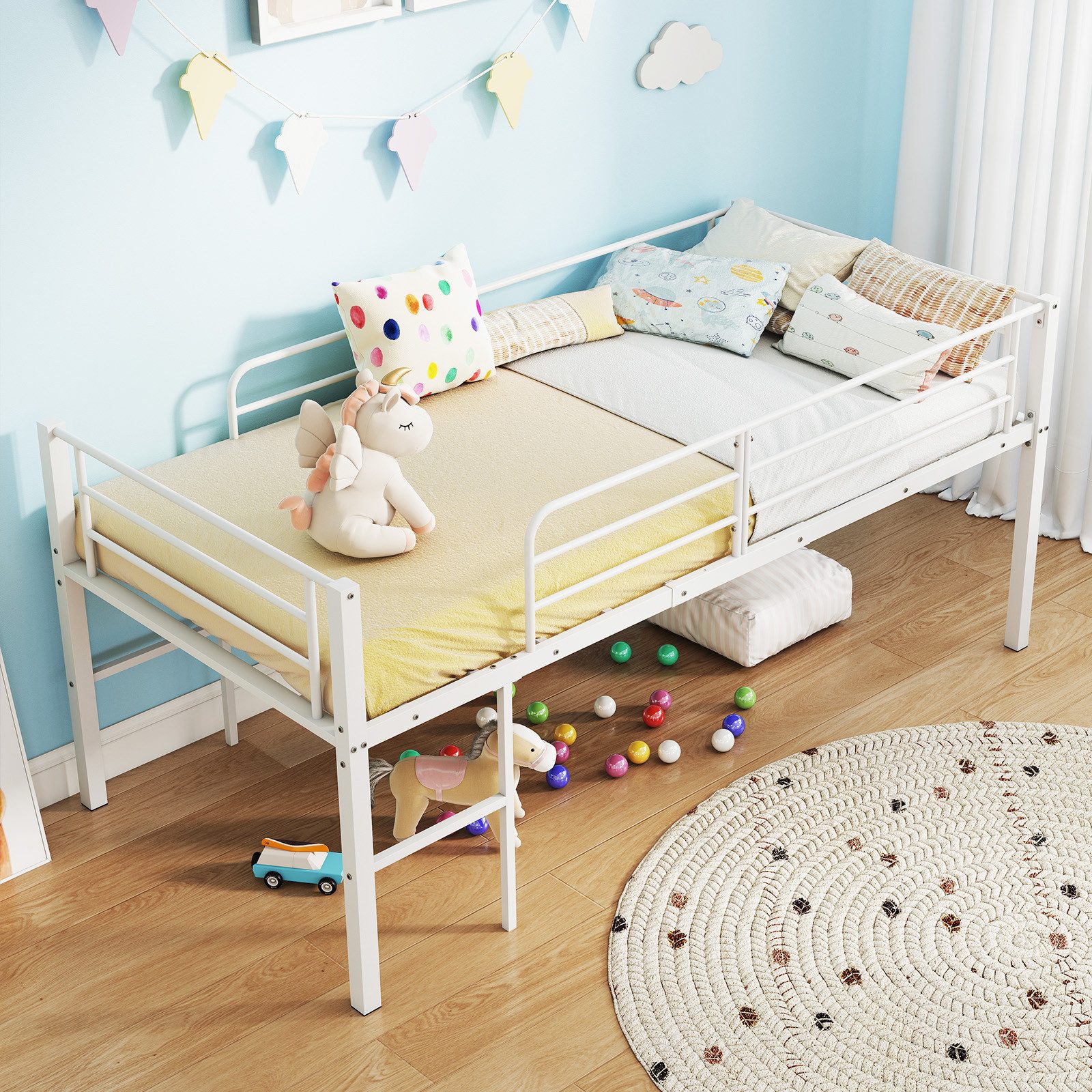COSTWAY Kinderbett (1-tlg), Hochbett, Bettgestell, mit 2 Leitern, Sicherheitsgeländern