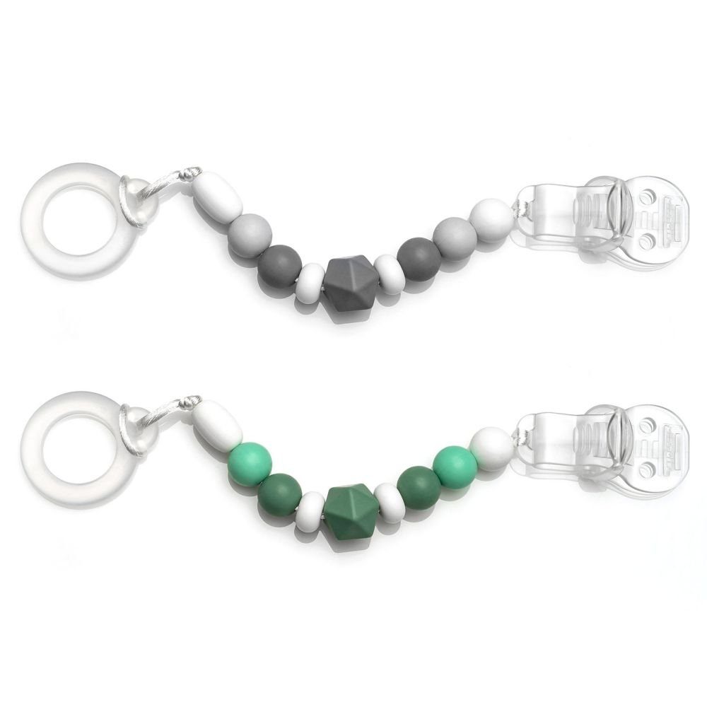 MiaMia Schnuller Grau Grün, 2x Schnullerkette Schnullerband mit Silikon Perlen, Gummiring & Clip